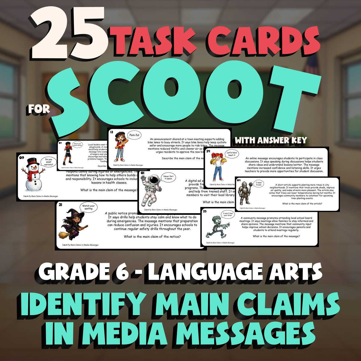Identify Main Claims in Media Messages SCOOT TASK CARDS ELA Game - Grade 6