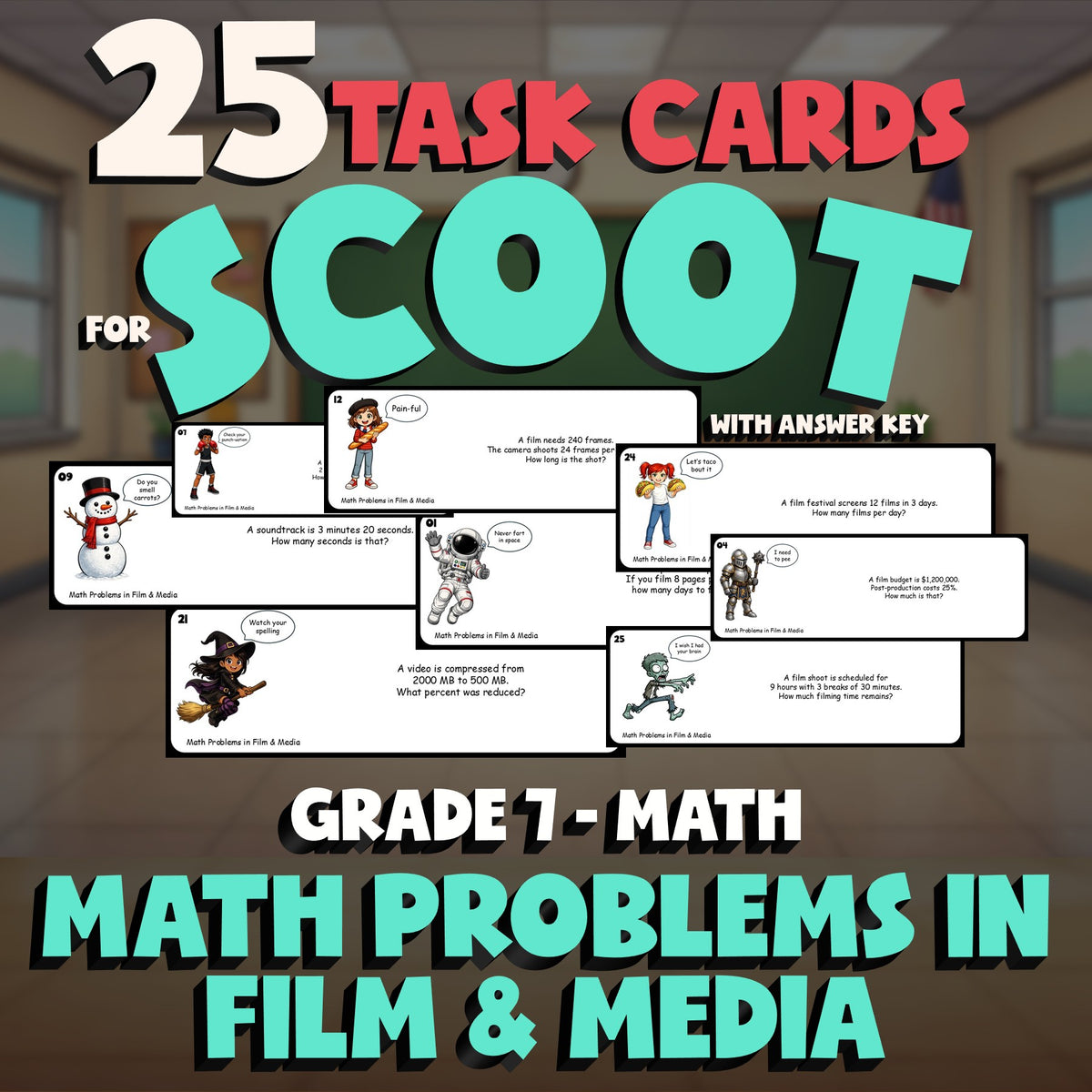 Math Problems in Film & Media SCOOT TASK CARDS Math Game - No Prep Grade 7
