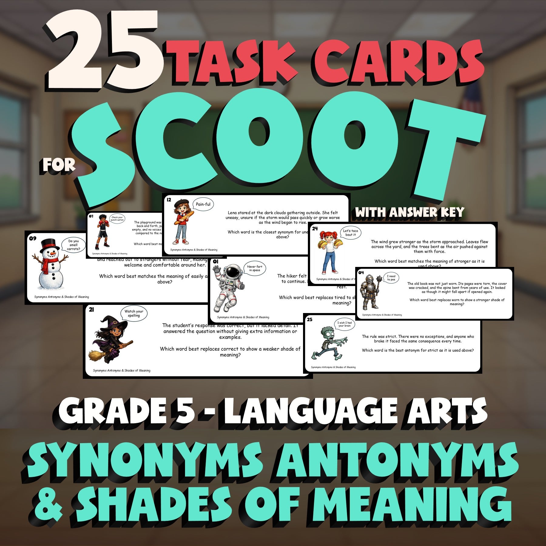 Synonyms Antonyms & Shades of Meaning SCOOT TASK CARDS ELA Game - Grade 5