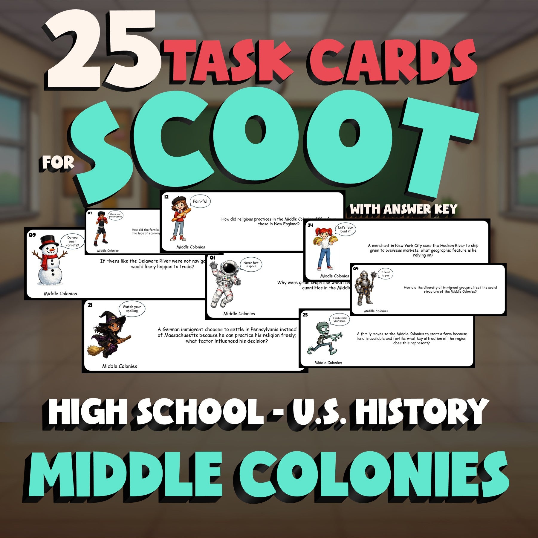 Middle Colonies SCOOT TASK CARDS U.S. History Game - No Prep Review Activity