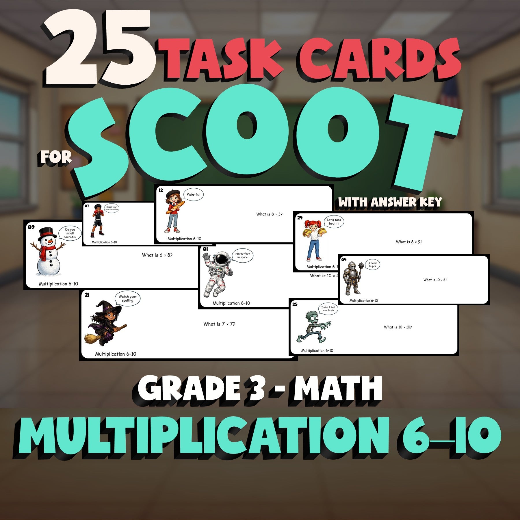 Multiplication 6–10 SCOOT TASK CARDS Math Game - No Prep Grade 3 Review Activity
