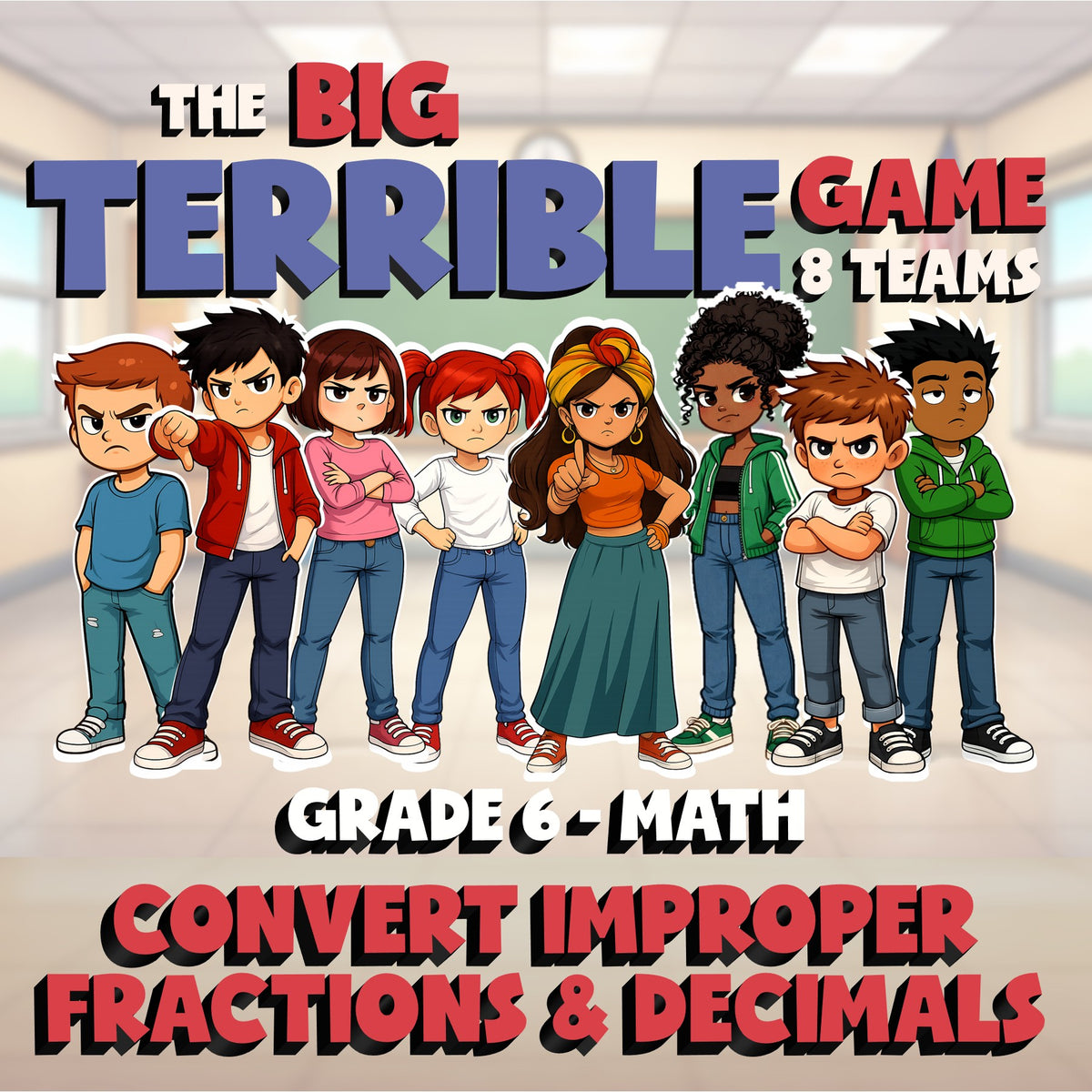 Convert Improper Fractions & Decimals BIG TERRIBLE GAME - Grade 6 Math Review