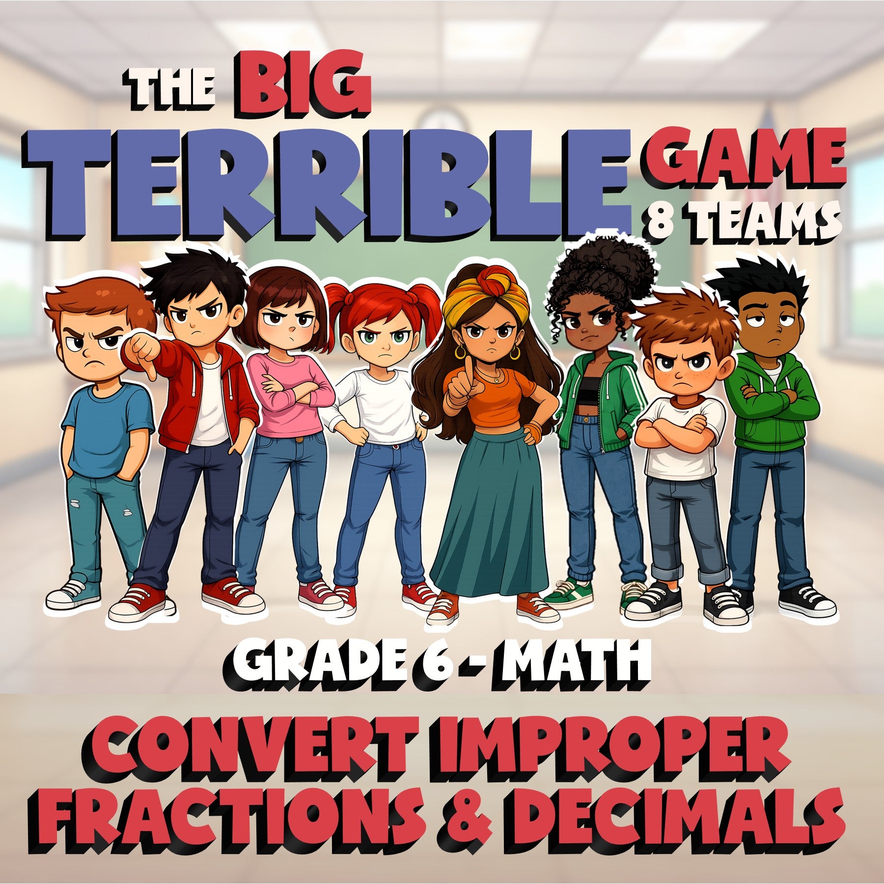 Convert Improper Fractions & Decimals BIG TERRIBLE GAME - Grade 6 Math Review