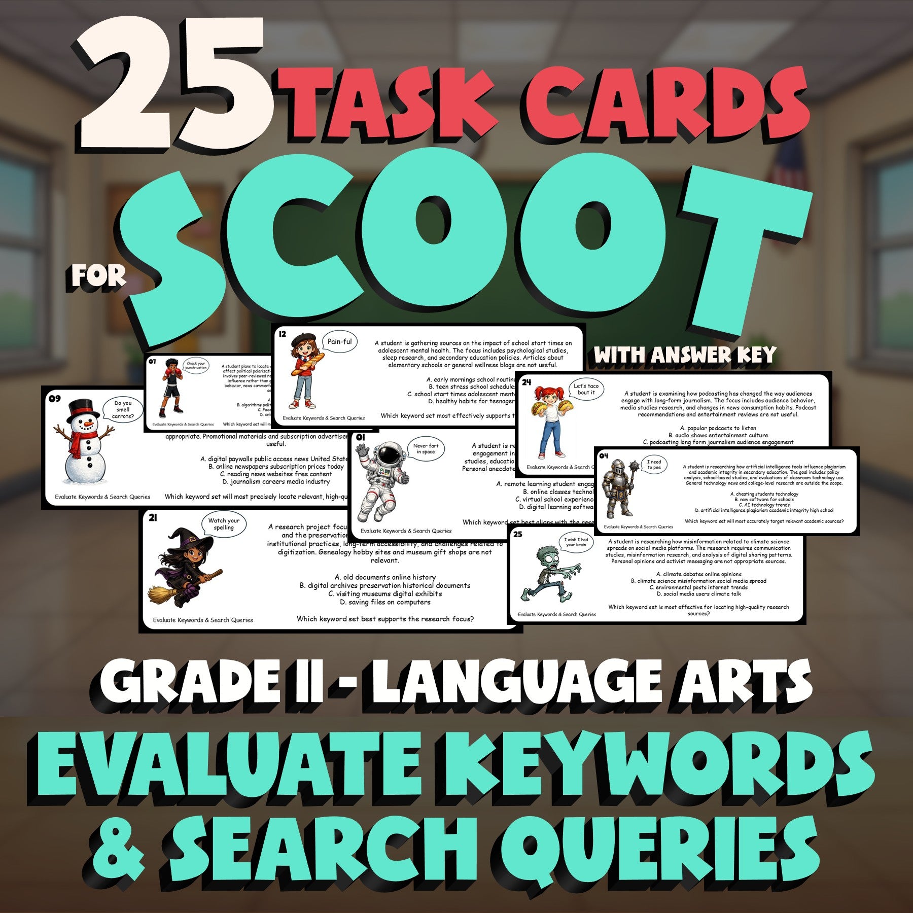 Evaluate Keywords & Search Queries SCOOT TASK CARDS ELA Game - No Prep Grade 11