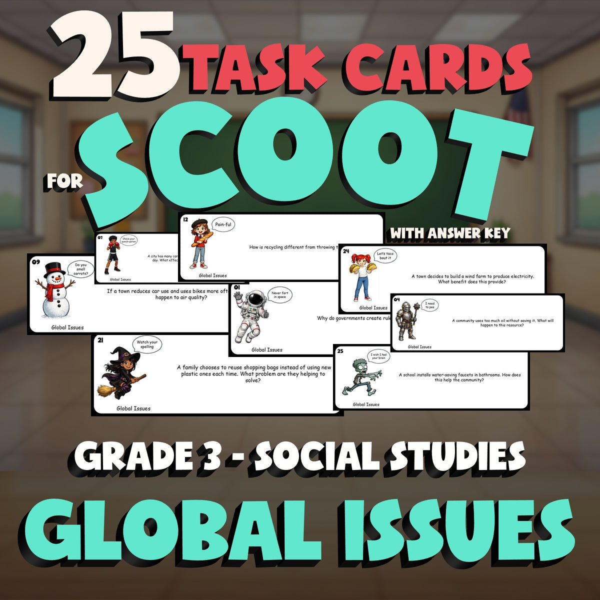 Global Issues SCOOT TASK CARDS Socials Game - No Prep Grade 3 Review Activity