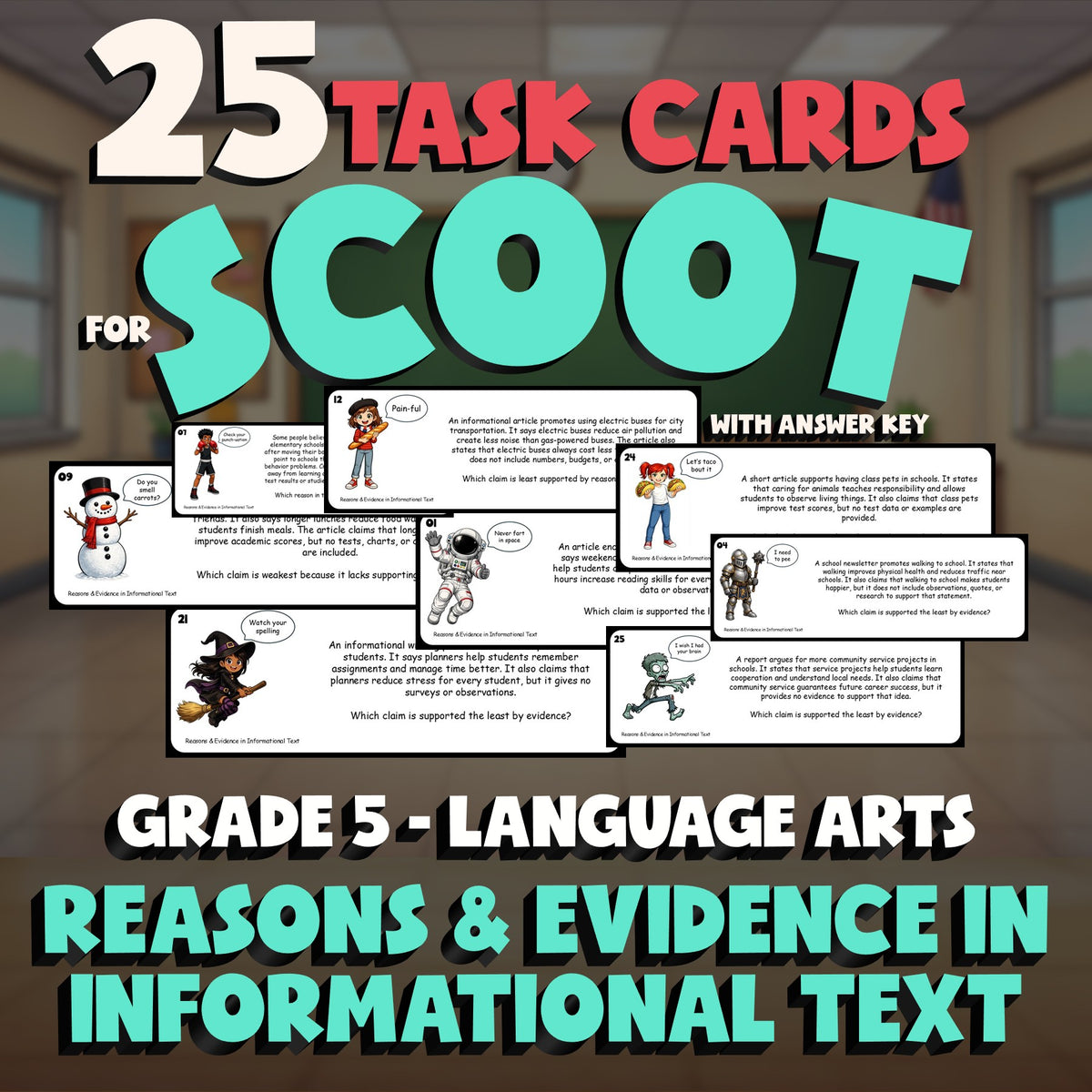 Reasons & Evidence in Informational Text SCOOT TASK CARDS ELA Game - Grade 5