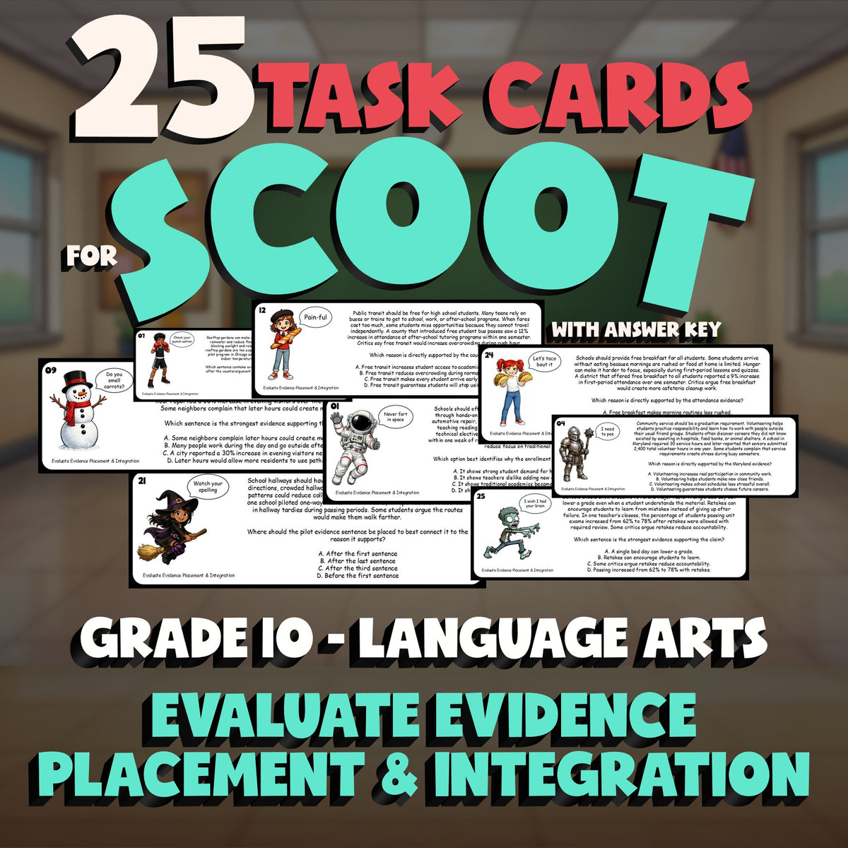 Evaluate Evidence Placement & Integration SCOOT TASK CARDS ELA Game - Grade 10