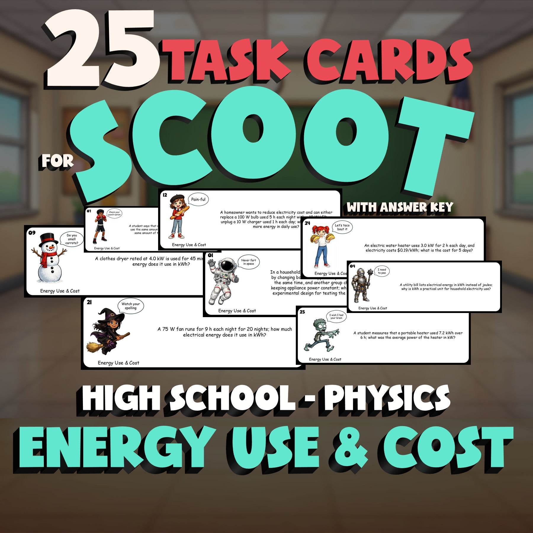 Energy Use & Cost SCOOT TASK CARDS Science Game - No Prep Physics Review