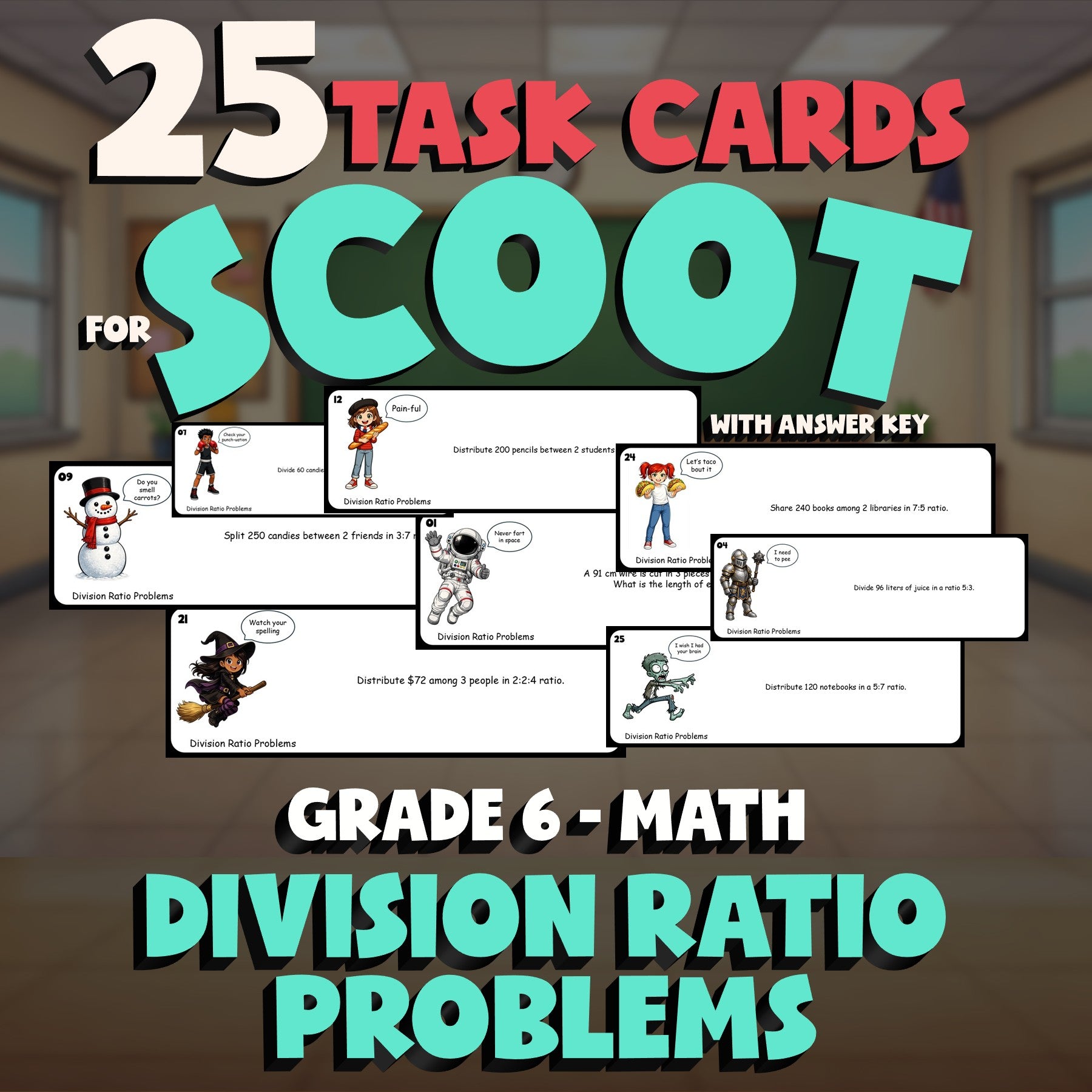 Division Ratio Problems SCOOT TASK CARDS Math Game - No Prep Grade 6 Review