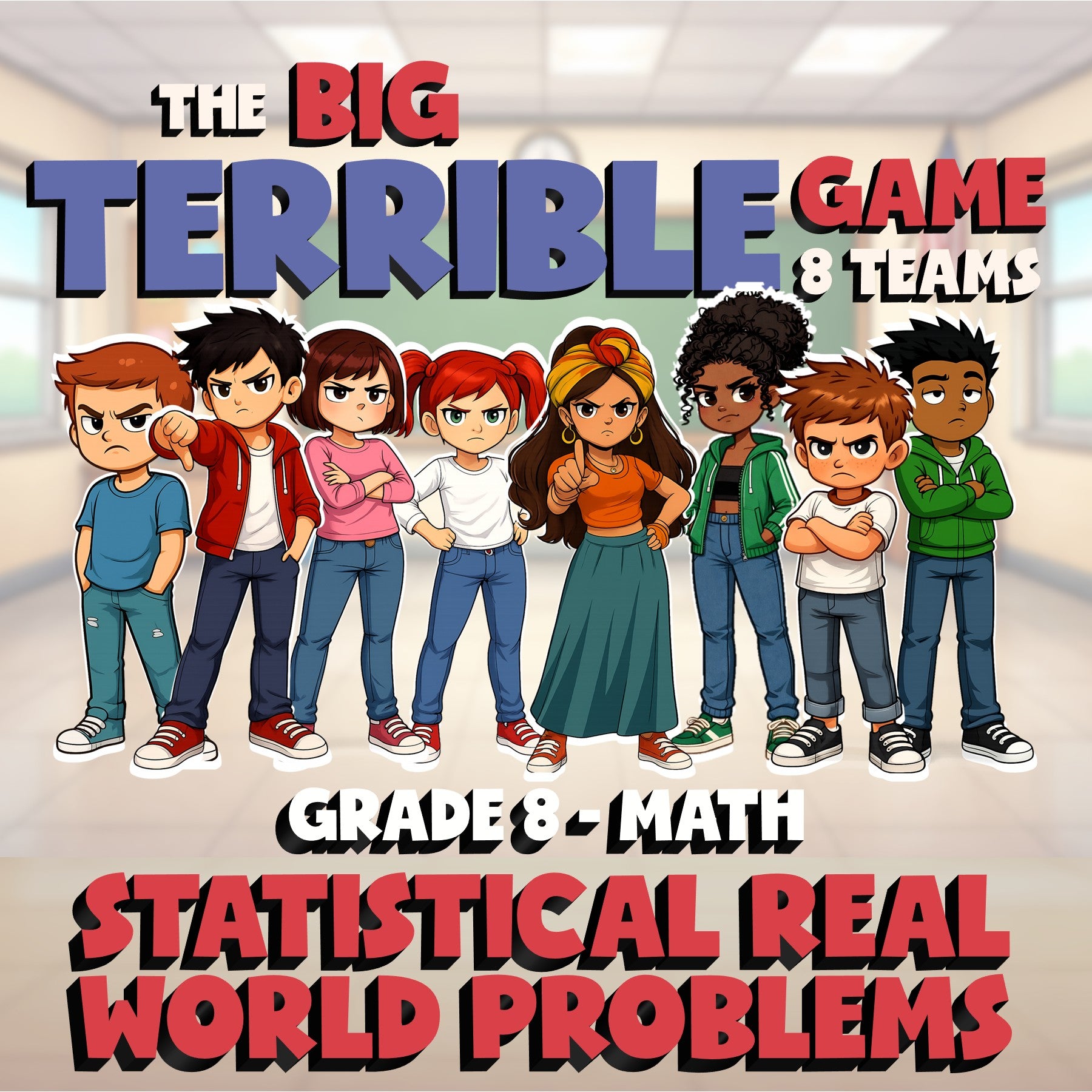 Statistical Real World Problems BIG TERRIBLE GAME - No Prep Grade 8 Math Review