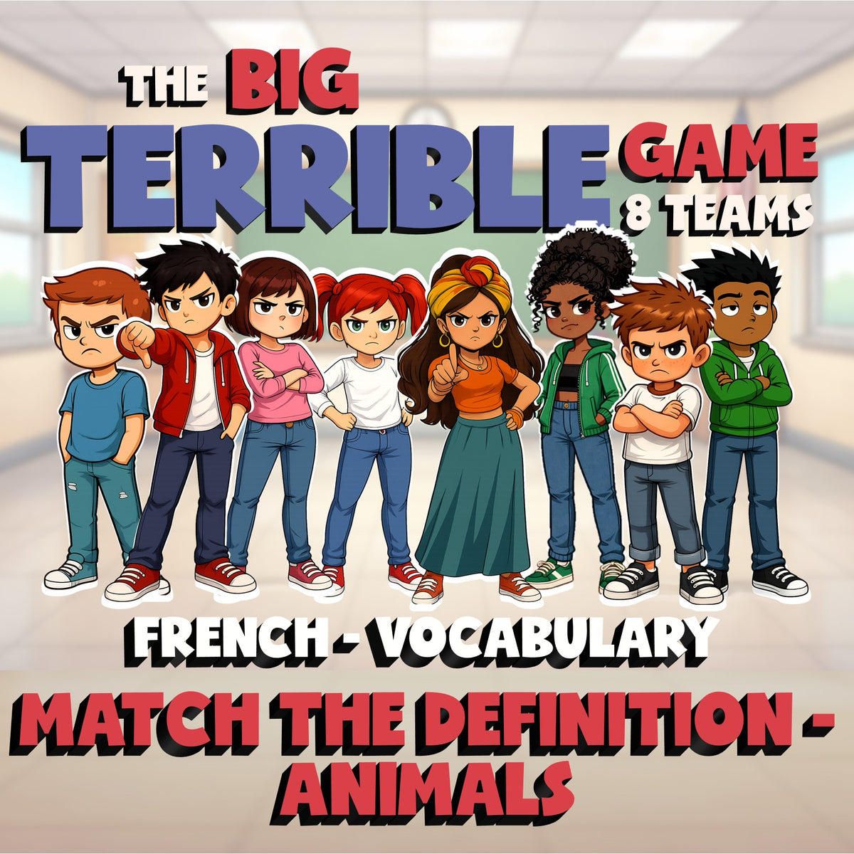 Match the Definition - Animals BIG TERRIBLE GAME - No Prep French Exercise