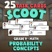 Probability Concepts SCOOT TASK CARDS Math Game - No Prep Grade 9 Review