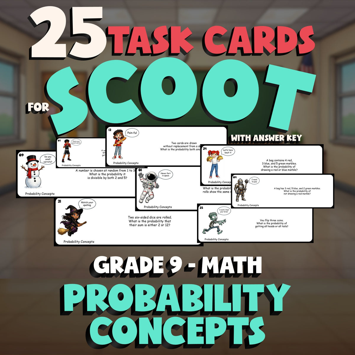 Probability Concepts SCOOT TASK CARDS Math Game - No Prep Grade 9 Review