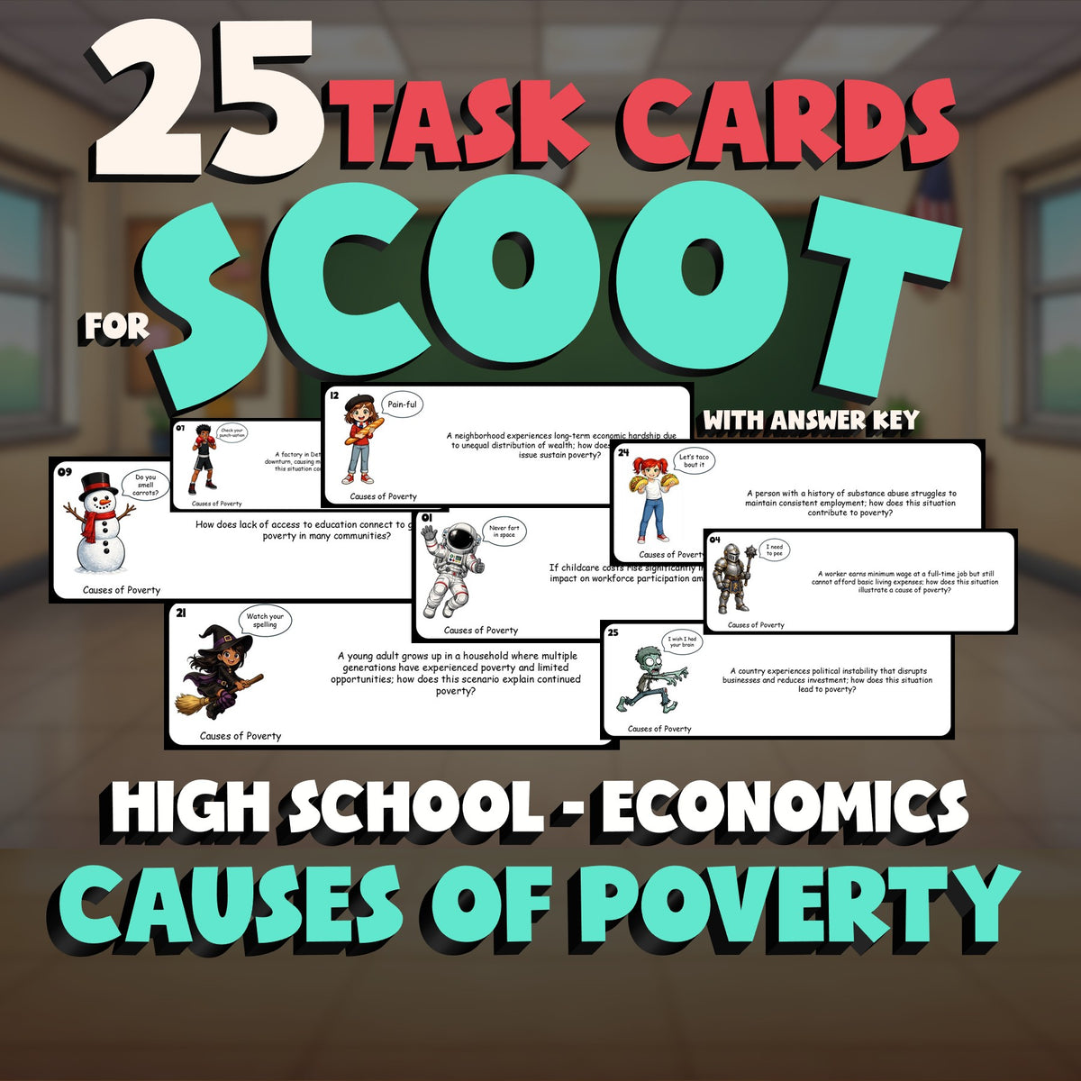 Causes of Poverty SCOOT TASK CARDS Economics Game - No Prep Review Activity