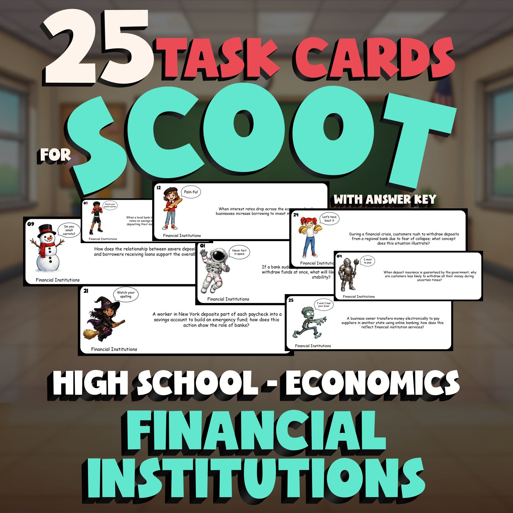 Financial Institutions SCOOT TASK CARDS Economics Game - No Prep Review Activity
