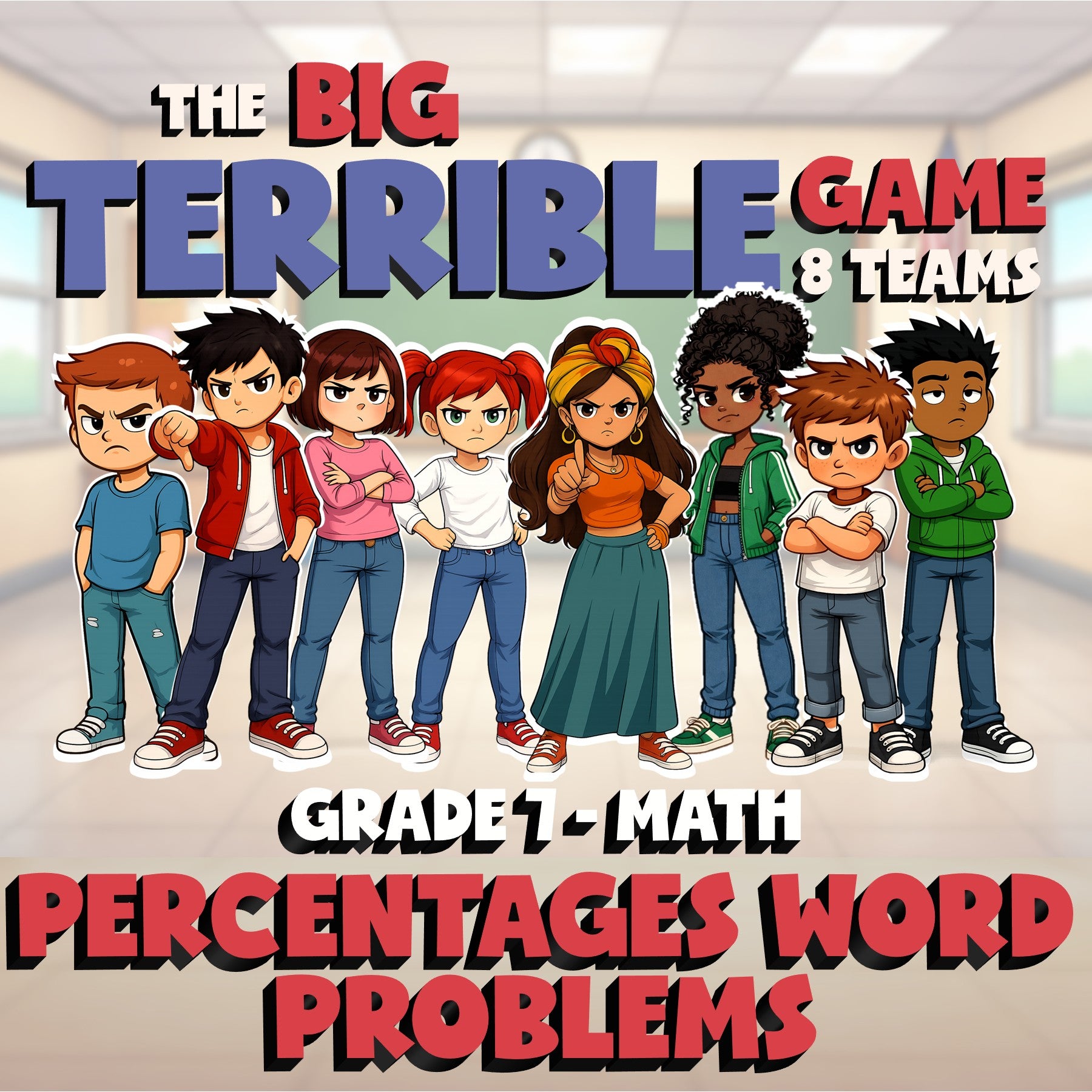 Percentages Word Problems BIG TERRIBLE GAME - No Prep Grade 7 Math Review