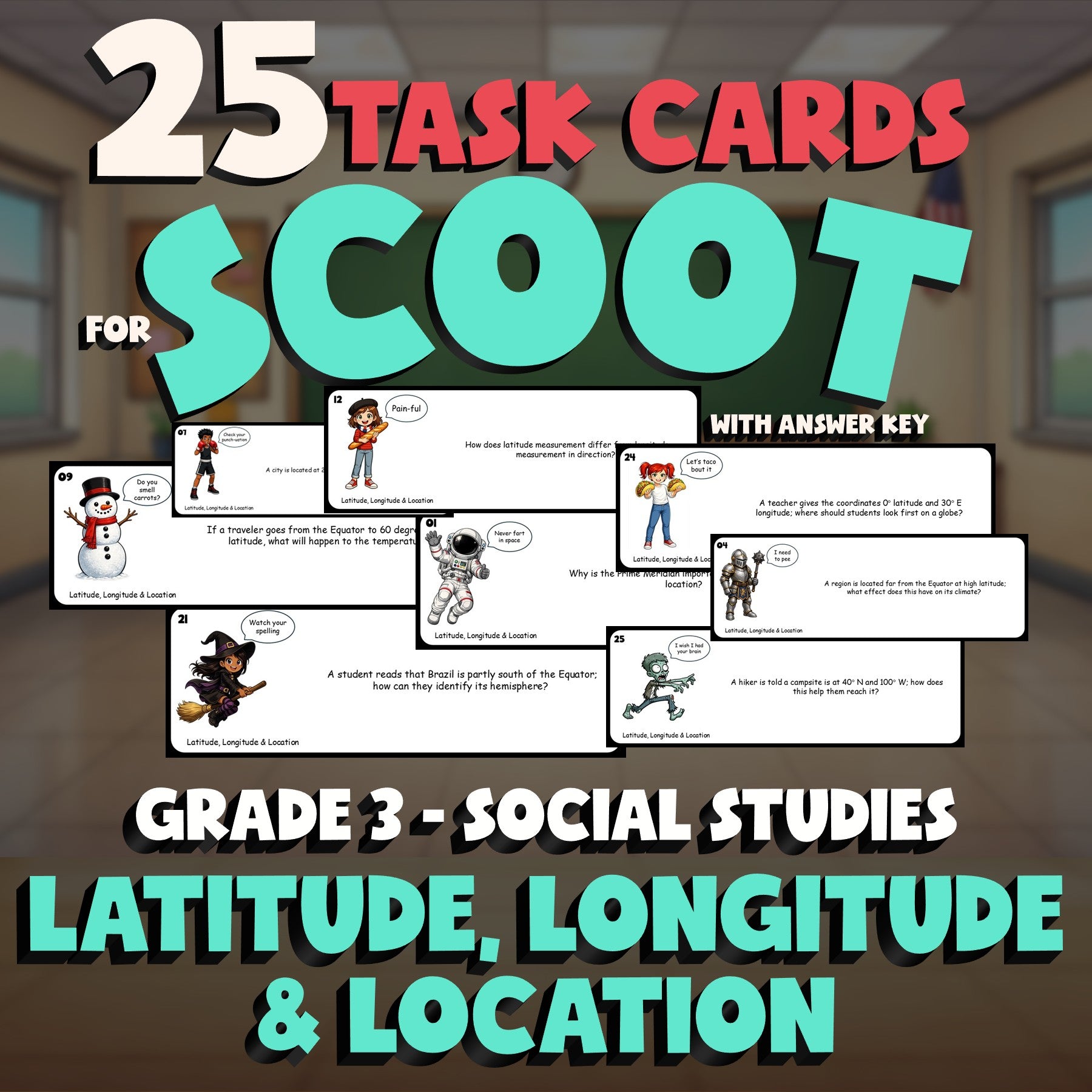 Latitude, Longitude & Location SCOOT TASK CARDS Socials Game - No Prep Grade 3