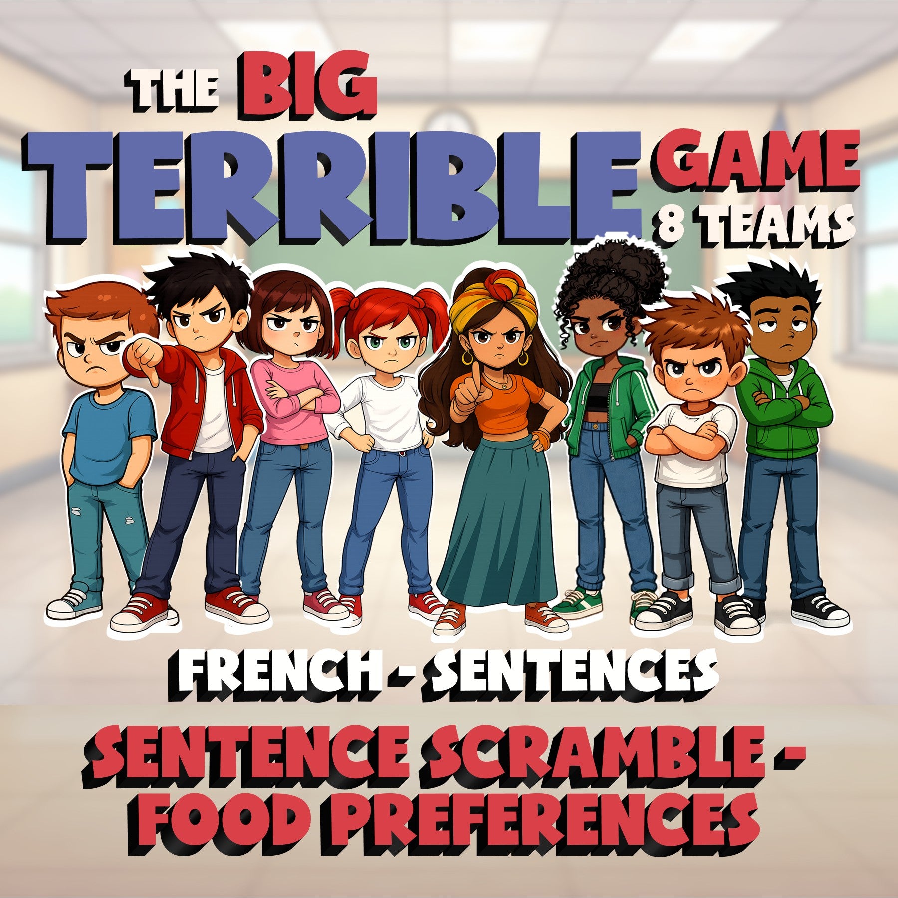 Sentence Scramble - Food Preferences BIG TERRIBLE GAME - No Prep French Exercise