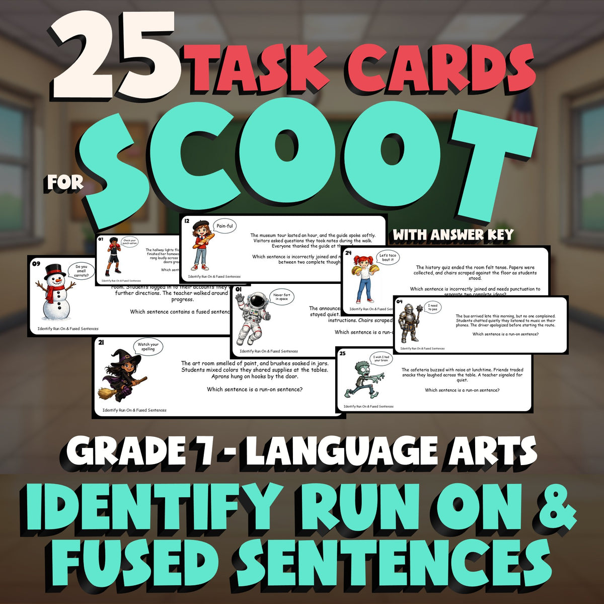 Identify Run On & Fused Sentences SCOOT TASK CARDS ELA Game - No Prep Grade 7