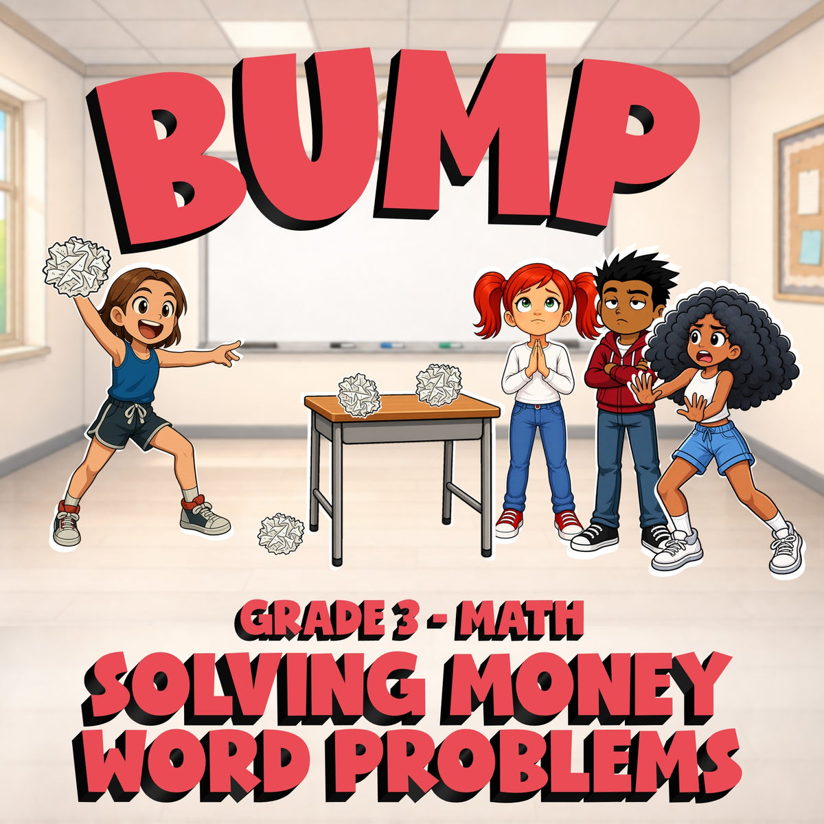 Solving Money Word Problems BUMP Math Game - No Prep Grade 3 Review Activity