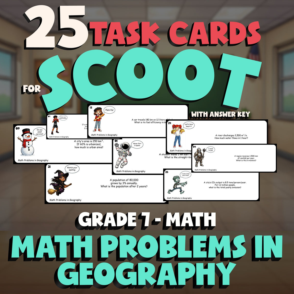 Math Problems in Geography SCOOT TASK CARDS Math Game - No Prep Grade 7 Review