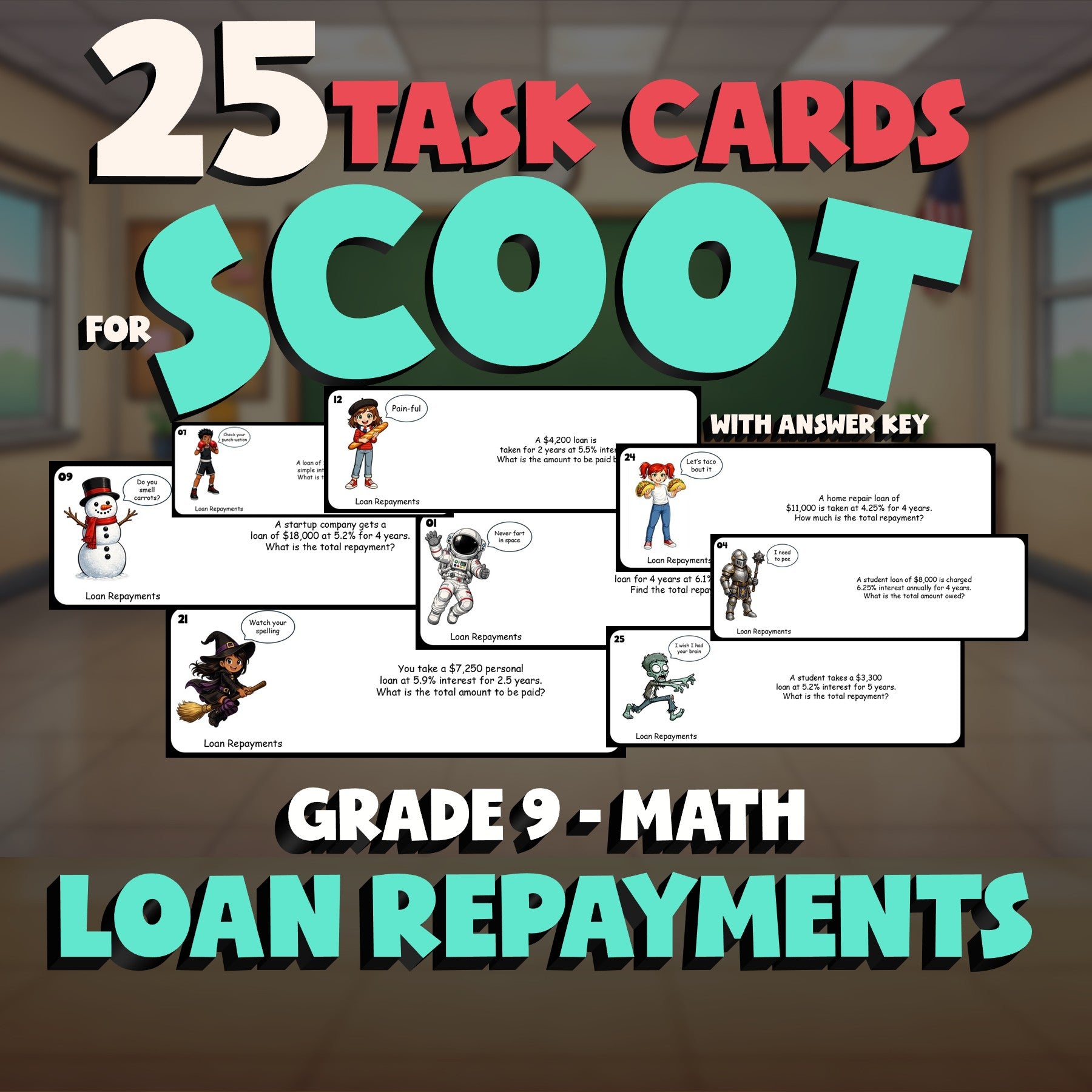 Loan Repayments SCOOT TASK CARDS Math Game - No Prep Grade 9 Review Activity