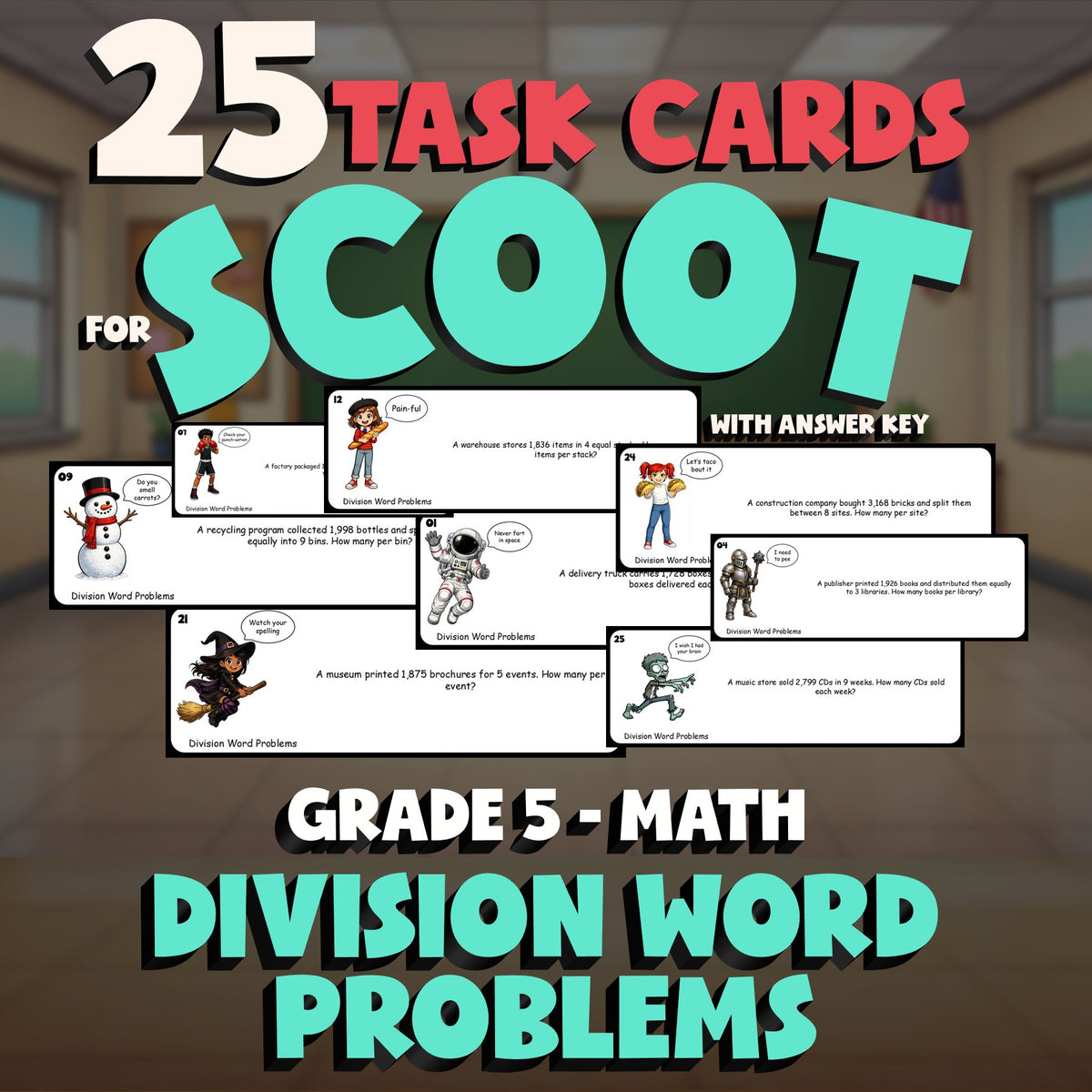 Division Word Problems SCOOT TASK CARDS Math Game - No Prep Grade 5 Review