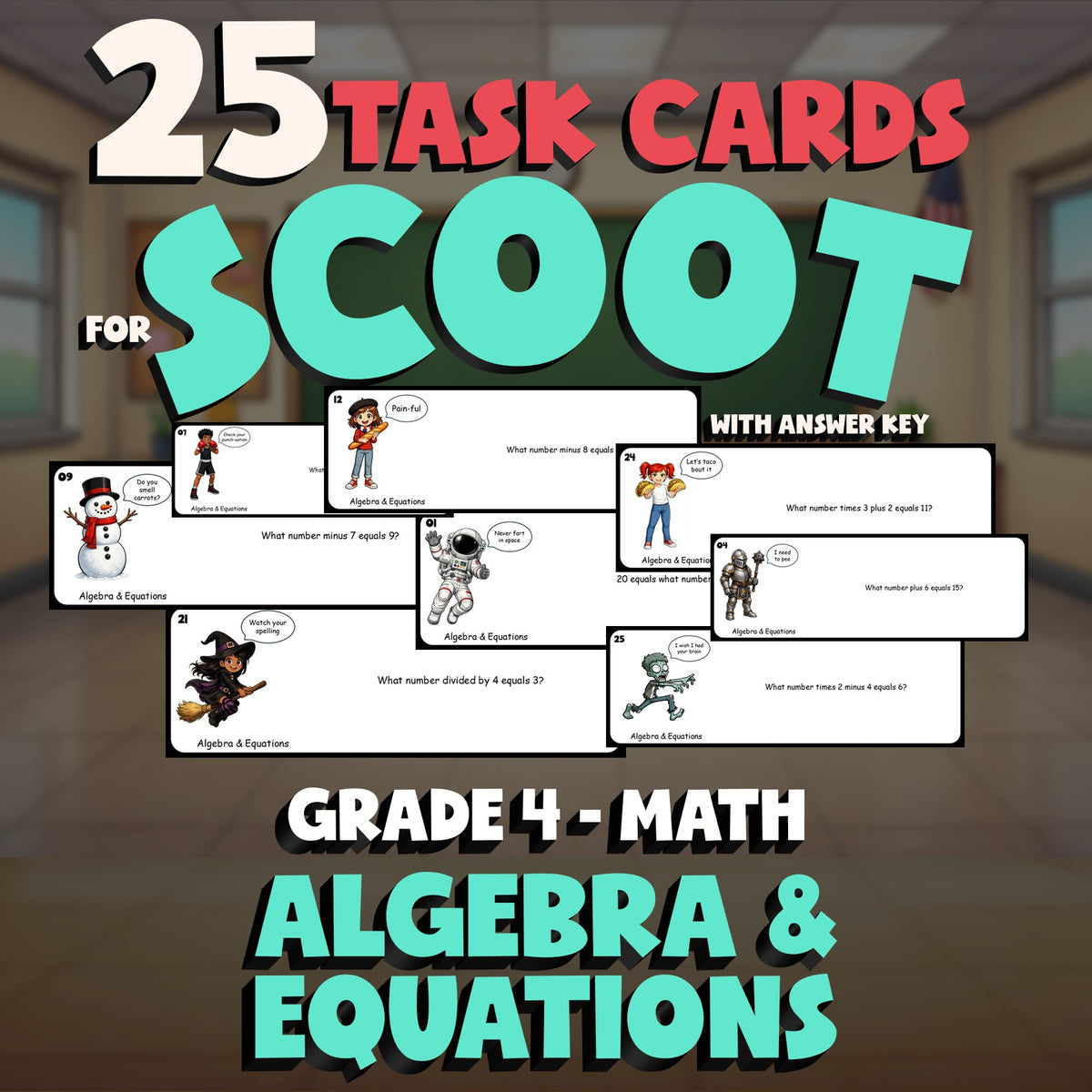Algebra & Equations SCOOT TASK CARDS Math Game - No Prep Grade 4 Review Activity