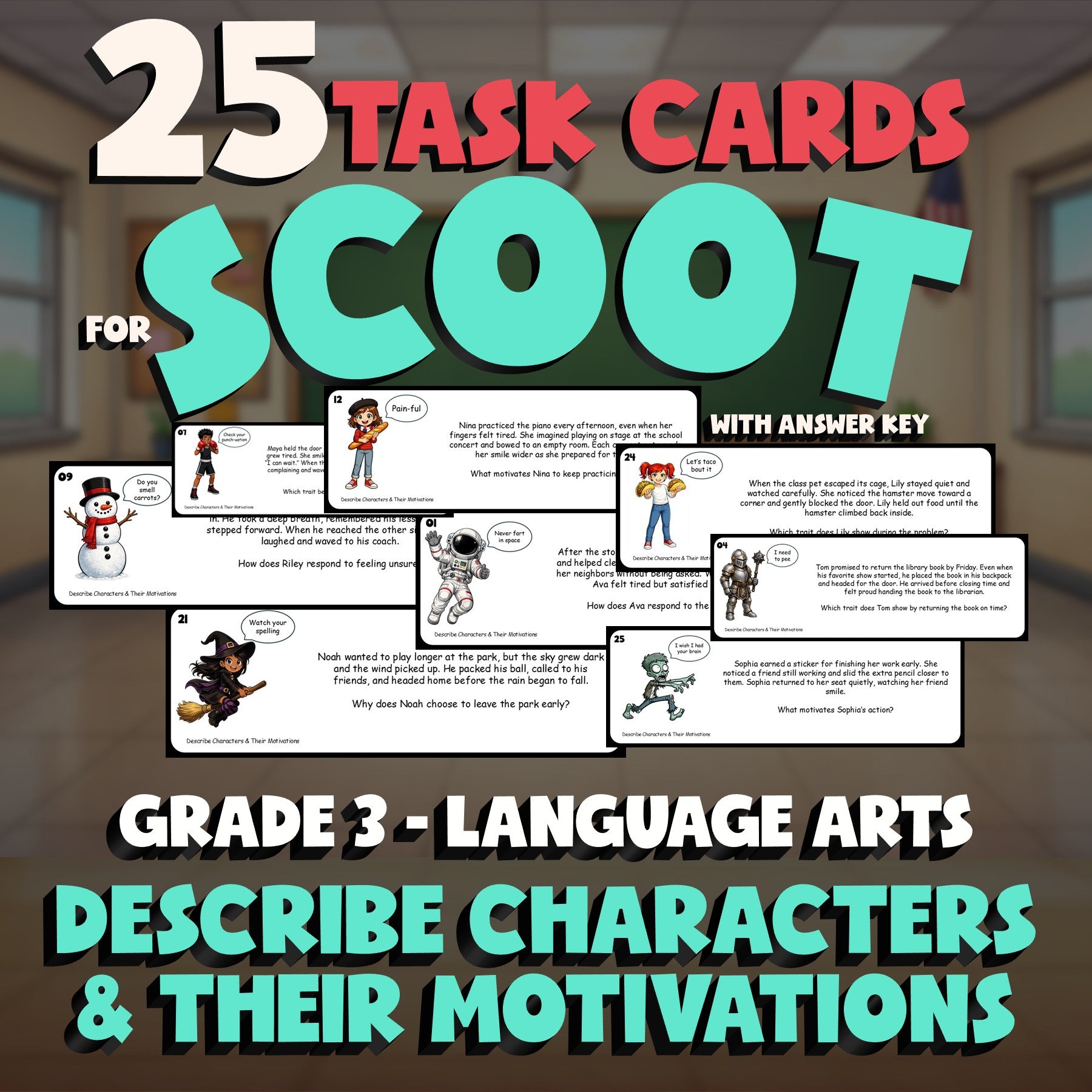 Describe Characters & Their Motivations SCOOT TASK CARDS ELA Game - Grade 3
