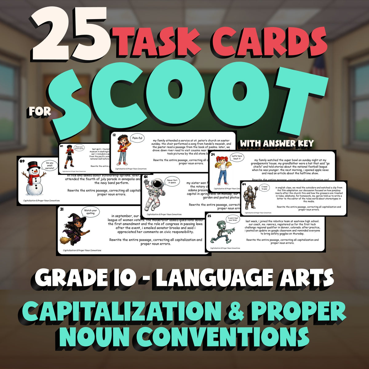 Capitalization & Proper Noun Conventions SCOOT TASK CARDS ELA Game - Grade 10