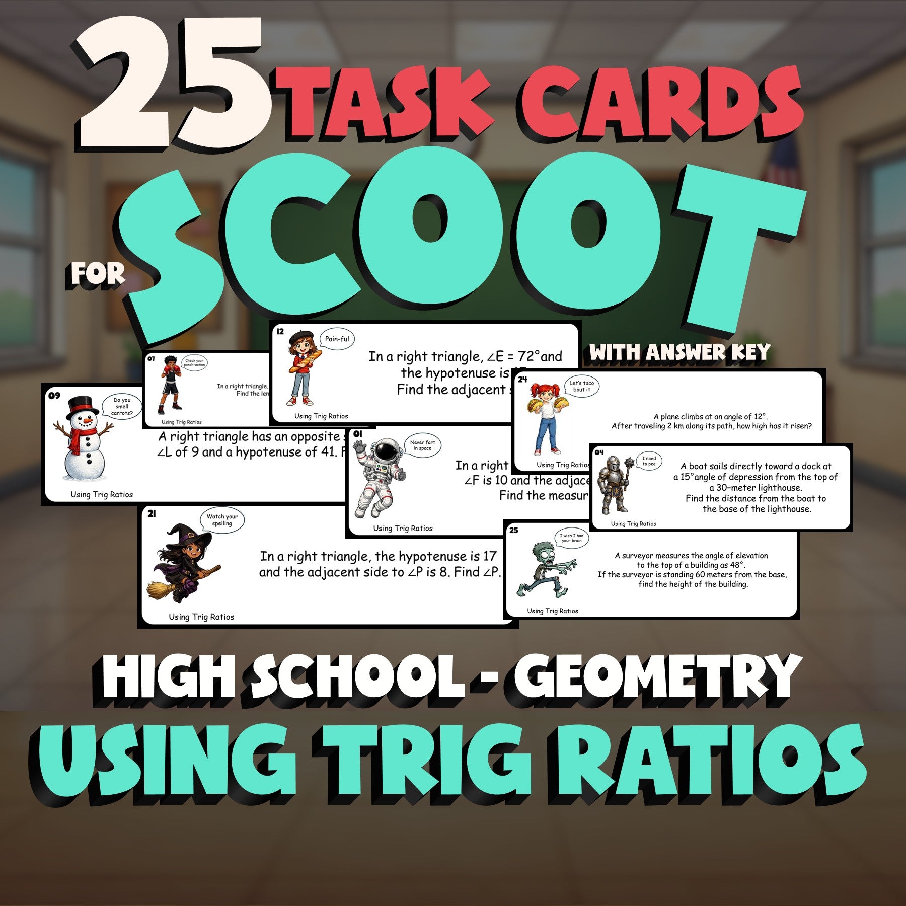 Using Trig Ratios SCOOT TASK CARDS Math Game - No Prep Geometry Review Activity