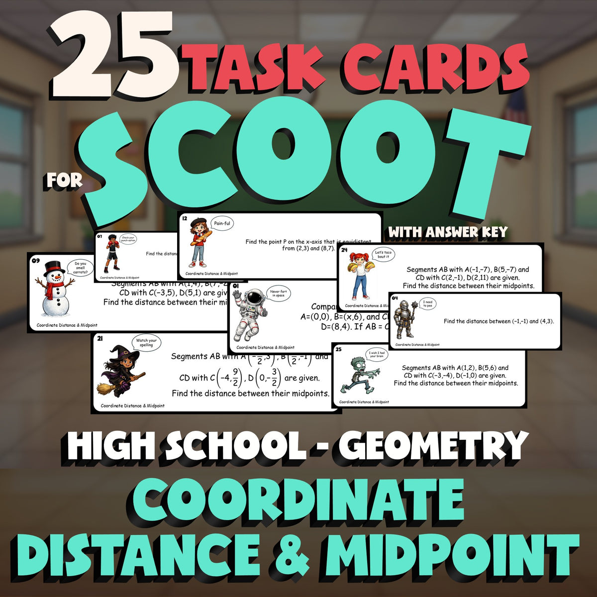 Coordinate Distance & Midpoint SCOOT TASK CARDS Math Game - No Prep Geometry