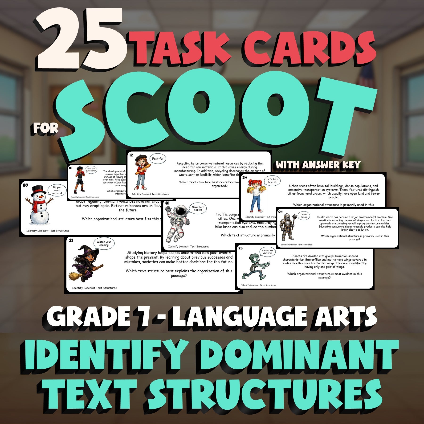 Identify Dominant Text Structures SCOOT TASK CARDS ELA Game - No Prep Grade 7