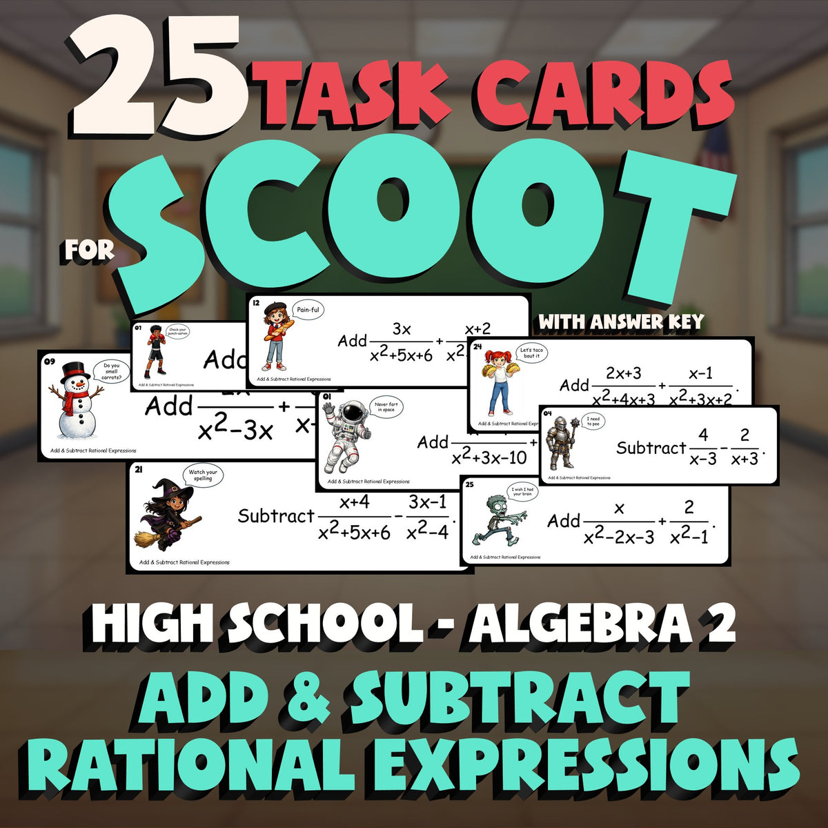 Add & Subtract Rational Expressions SCOOT TASK CARDS Math Game - Algebra 2