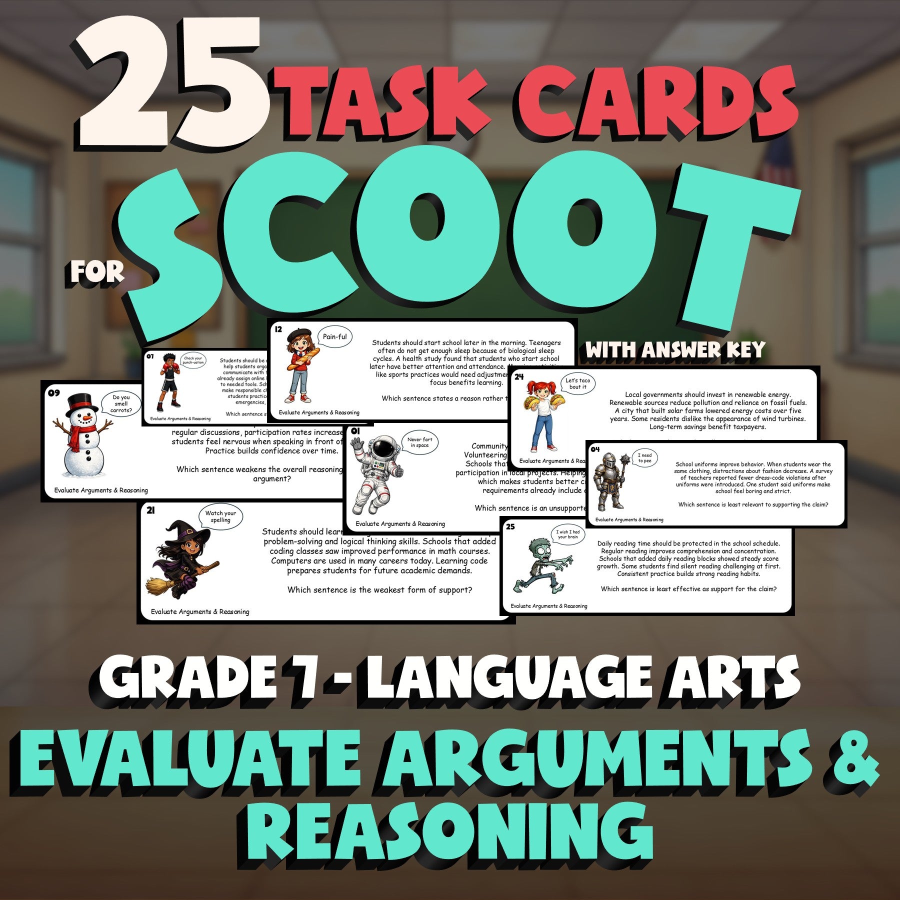 Evaluate Arguments & Reasoning SCOOT TASK CARDS ELA Game - No Prep Grade 7