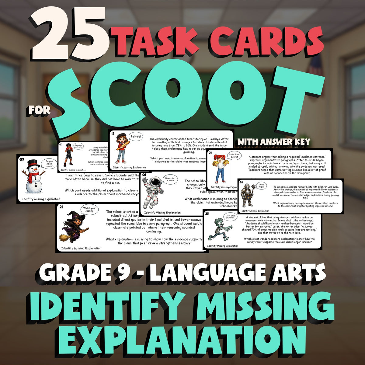 Identify Missing Explanation SCOOT TASK CARDS ELA Game - No Prep Grade 9 Review