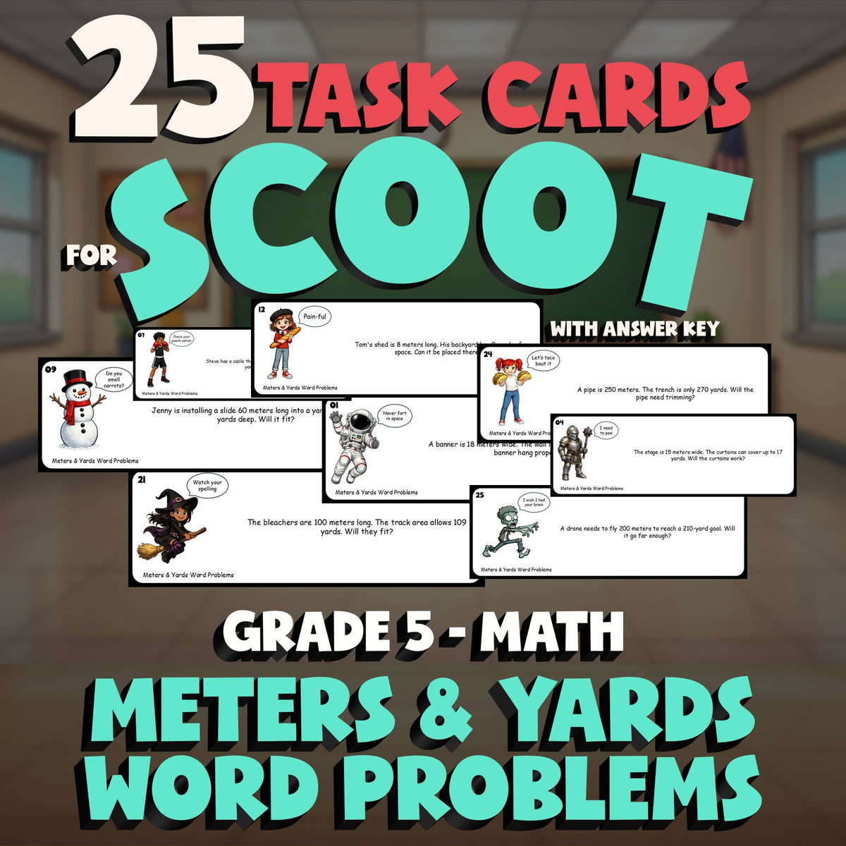 Meters & Yards Word Problems SCOOT TASK CARDS Math Game - No Prep Grade 5 Review