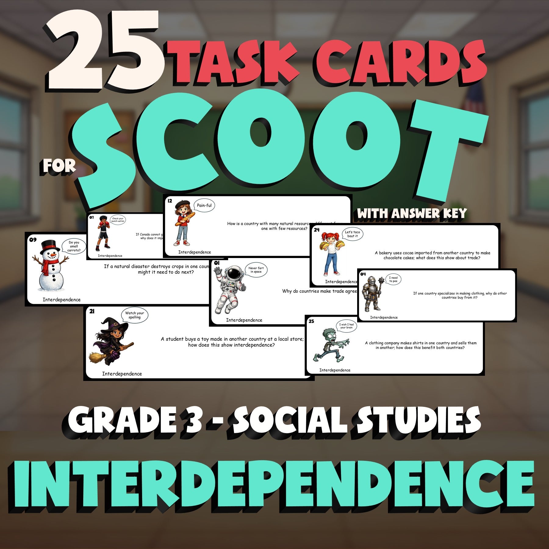 Interdependence SCOOT TASK CARDS Socials Game - No Prep Grade 3 Review Activity