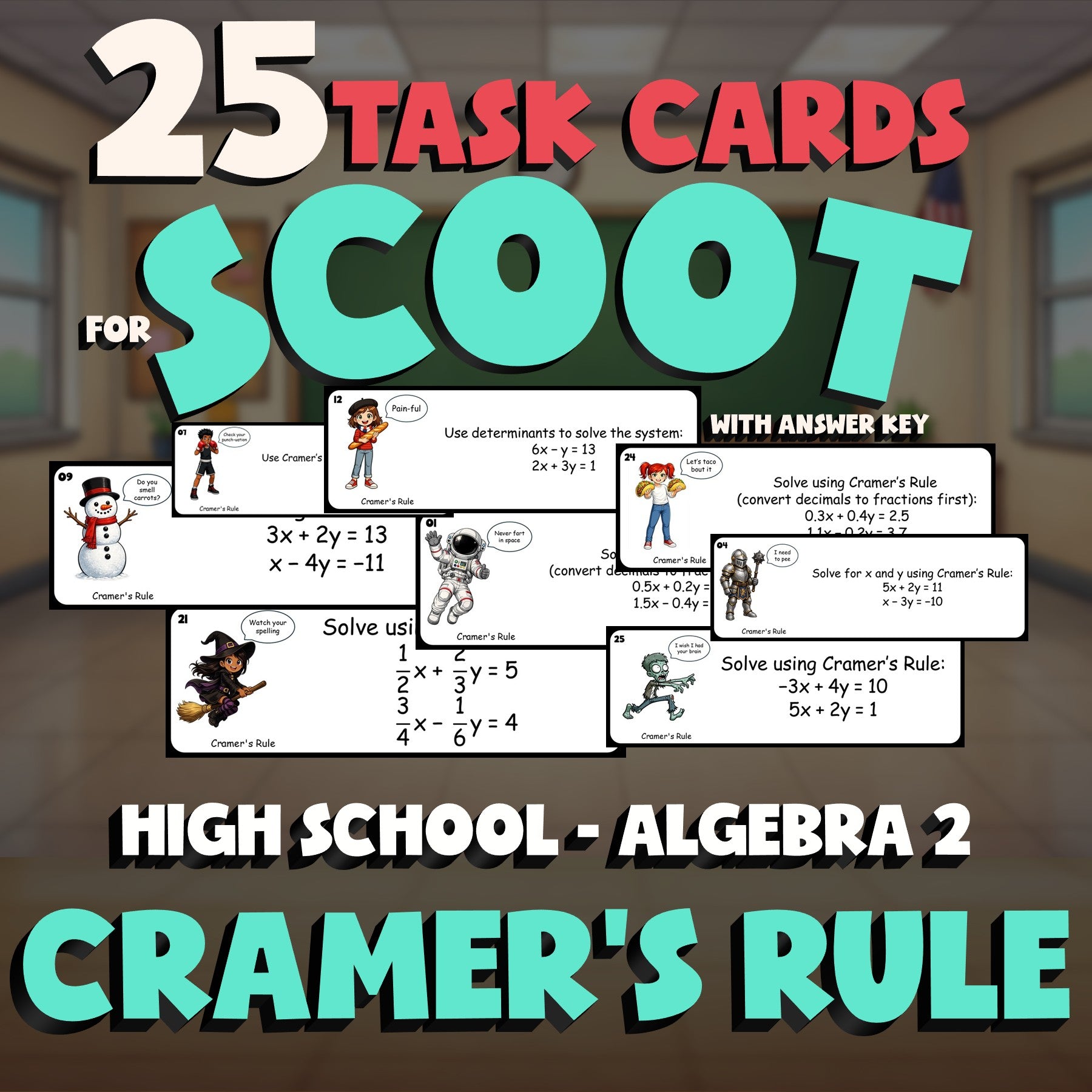 Cramer's Rule SCOOT TASK CARDS Math Game - No Prep Algebra 2 Review Activity