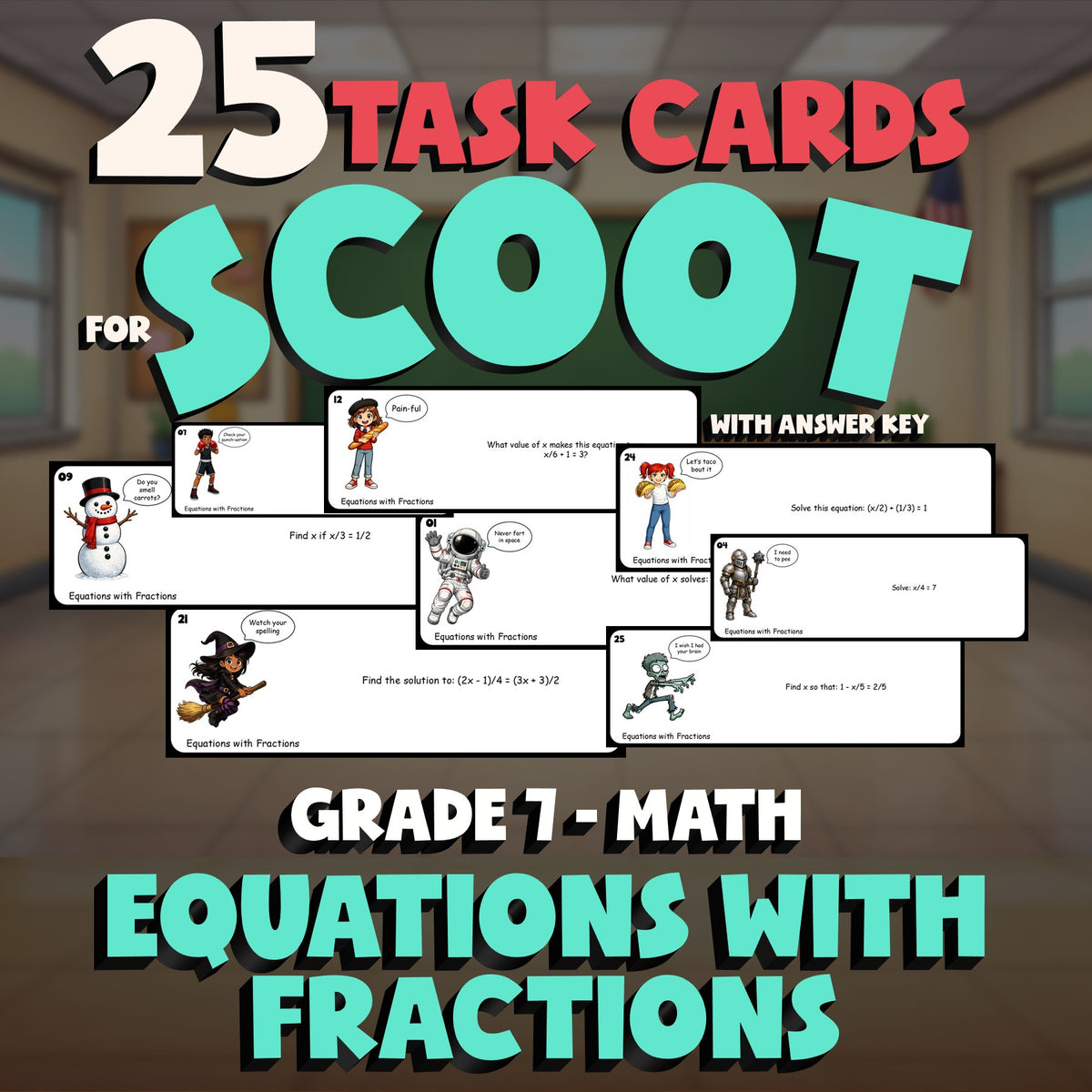 Equations with Fractions SCOOT TASK CARDS Math Game - No Prep Grade 7 Review
