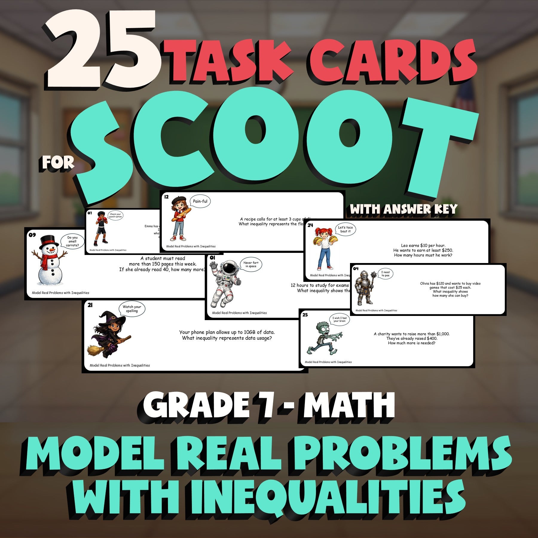 Model Real Problems with Inequalities SCOOT TASK CARDS Math Game - Grade 7