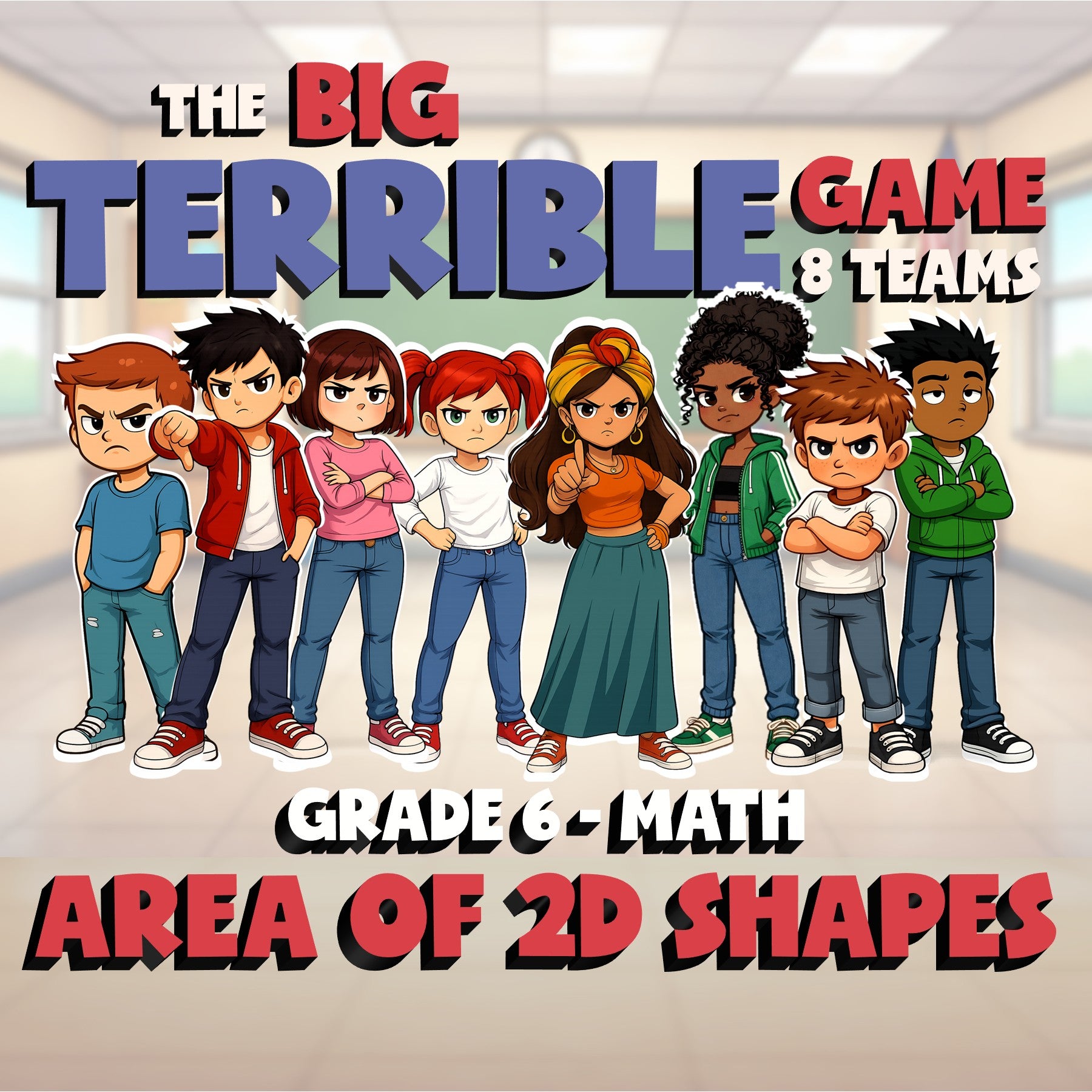 Area of 2D Shapes BIG TERRIBLE GAME - No Prep Grade 6 Math Review Activity