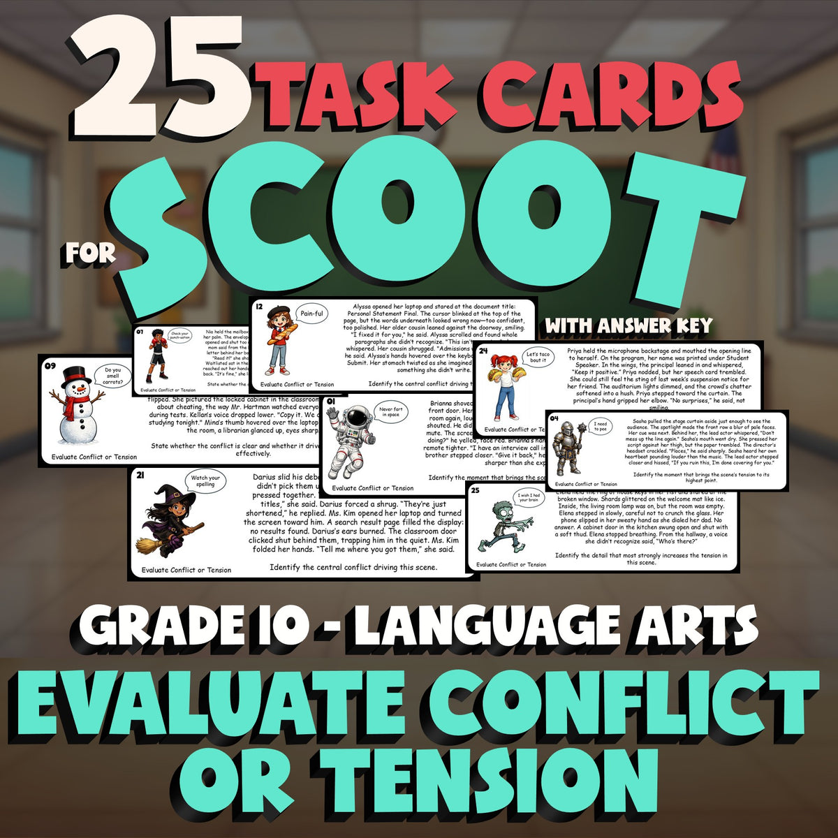 Evaluate Conflict or Tension SCOOT TASK CARDS ELA Game - No Prep Grade 10 Review