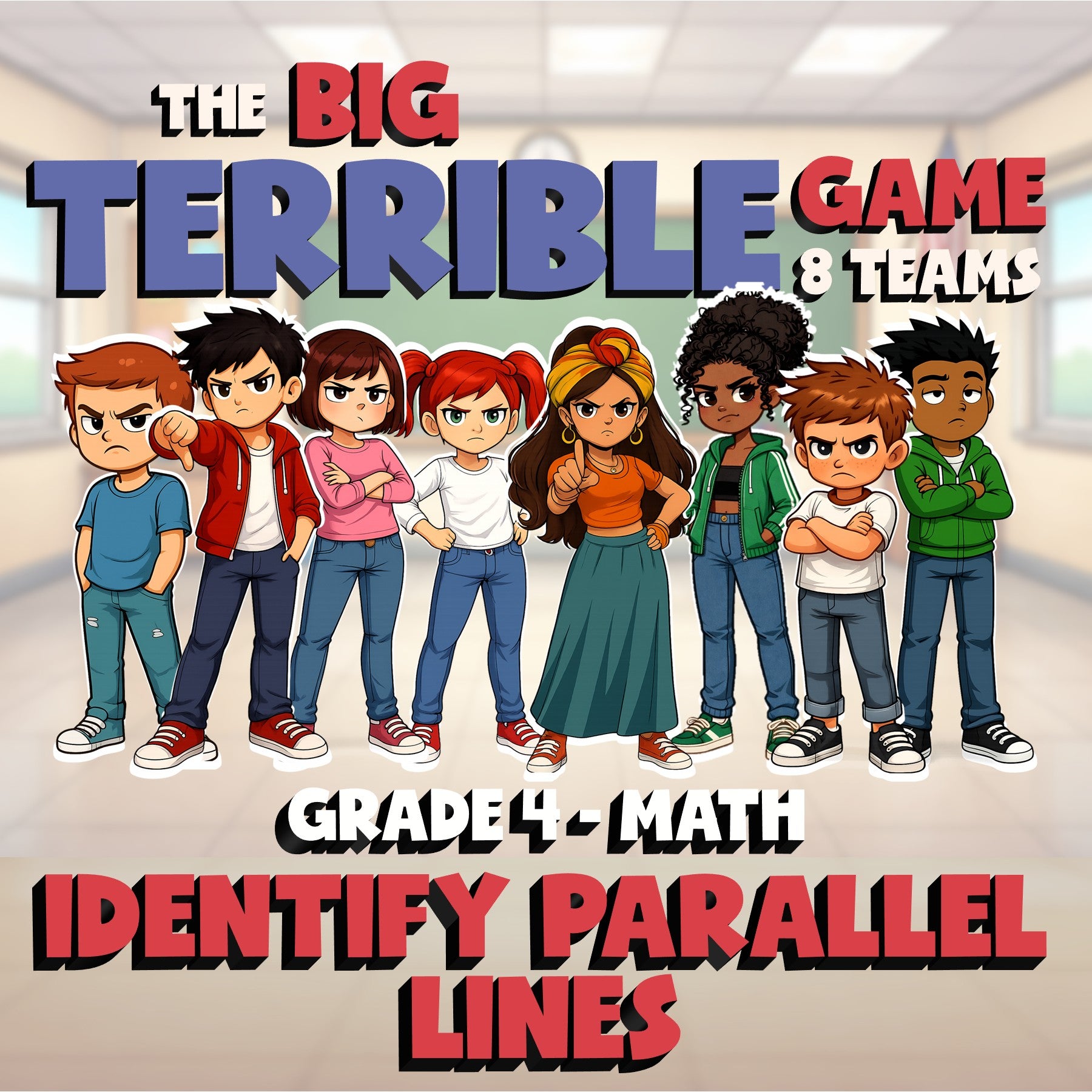 Identify Parallel Lines BIG TERRIBLE GAME - No Prep Grade 4 Math Review Activity