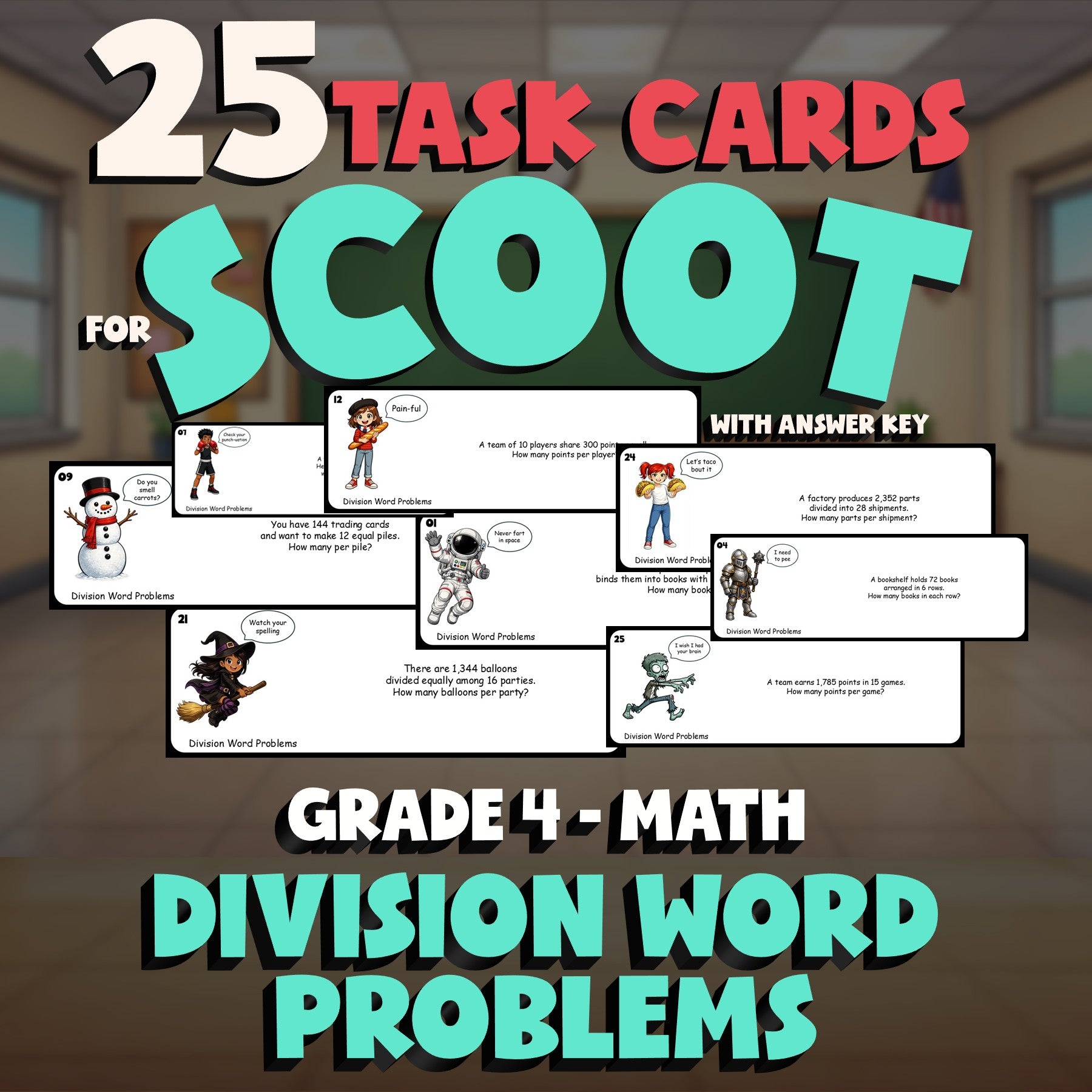 Division Word Problems SCOOT TASK CARDS Math Game - No Prep Grade 4 Review