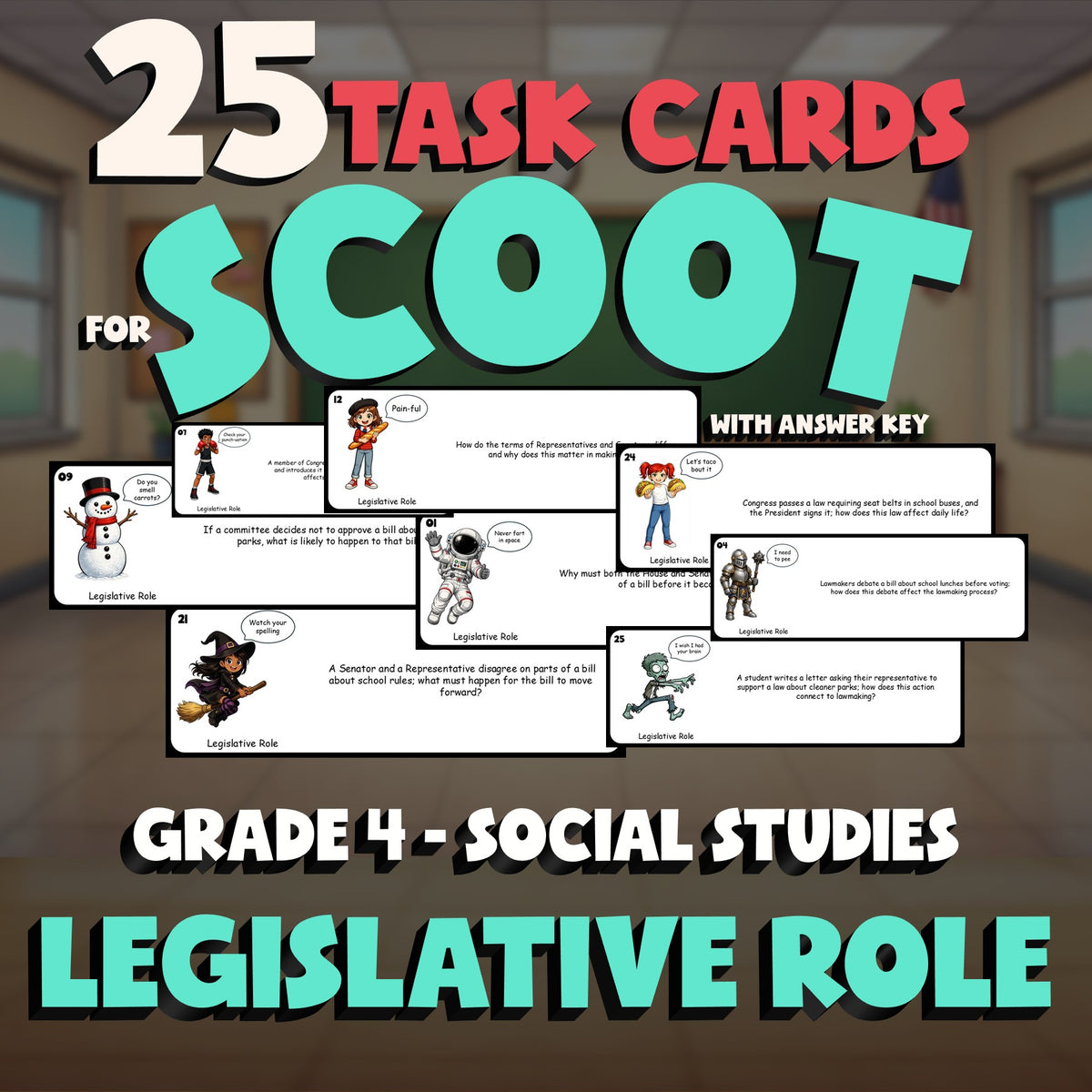 Legislative Role SCOOT TASK CARDS Socials Game - No Prep Grade 4 Review Activity