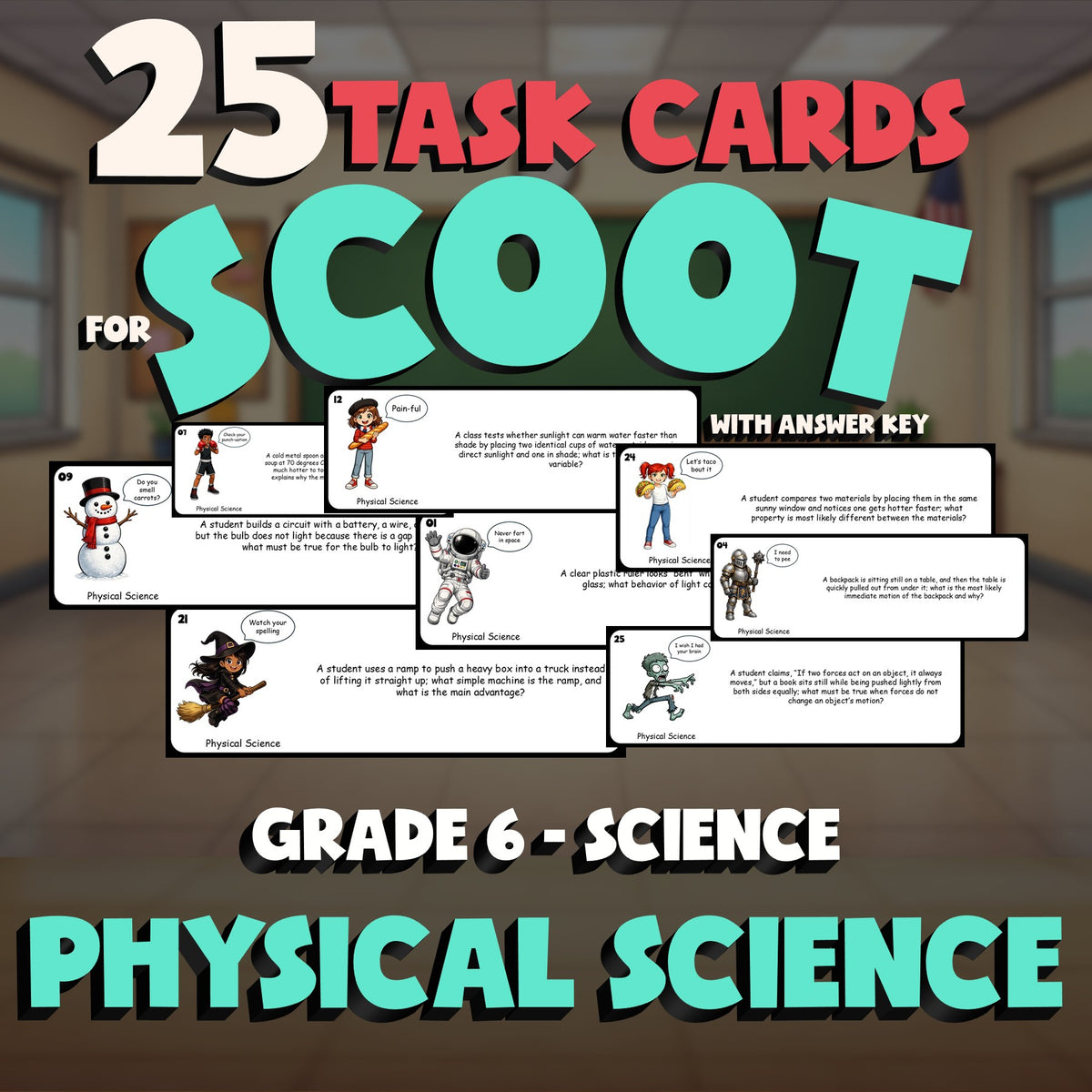 Physical Science SCOOT TASK CARDS Science Game - No Prep Grade 6 Review Activity