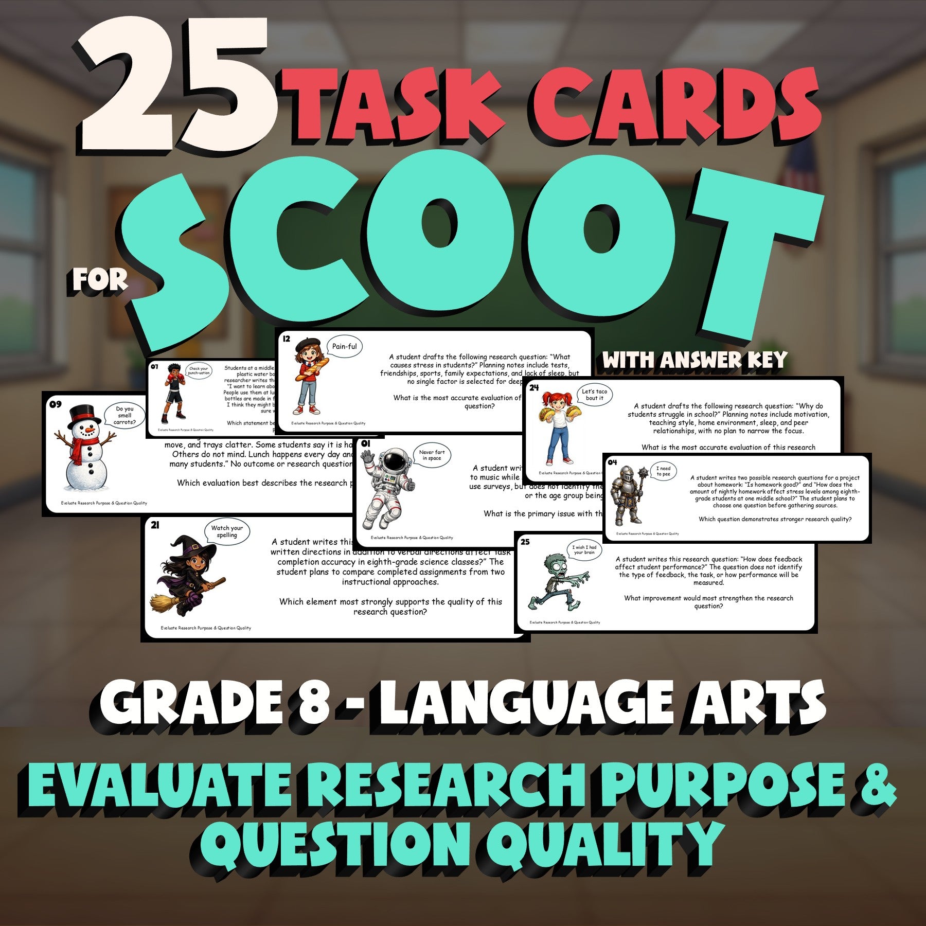 Evaluate Research Purpose & Question Quality SCOOT TASK CARDS ELA Game - Grade 8