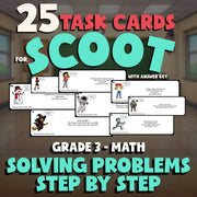 Solving Problems Step by Step SCOOT TASK CARDS Math Game - No Prep Grade 3