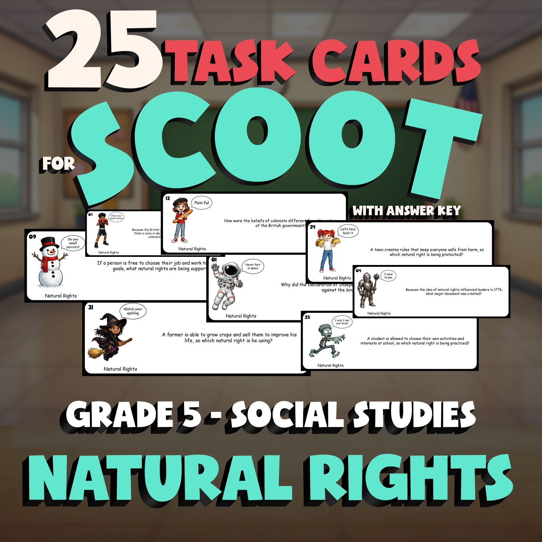 Natural Rights SCOOT TASK CARDS Socials Game - No Prep Grade 5 Review Activity